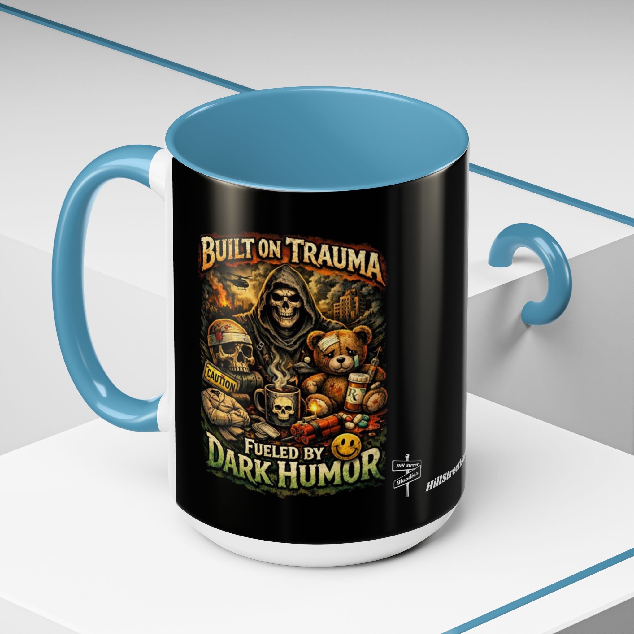 Coffee Mug — "Built on Trauma, Fueled by Dark Humor" Gothic Skull Accent Mug