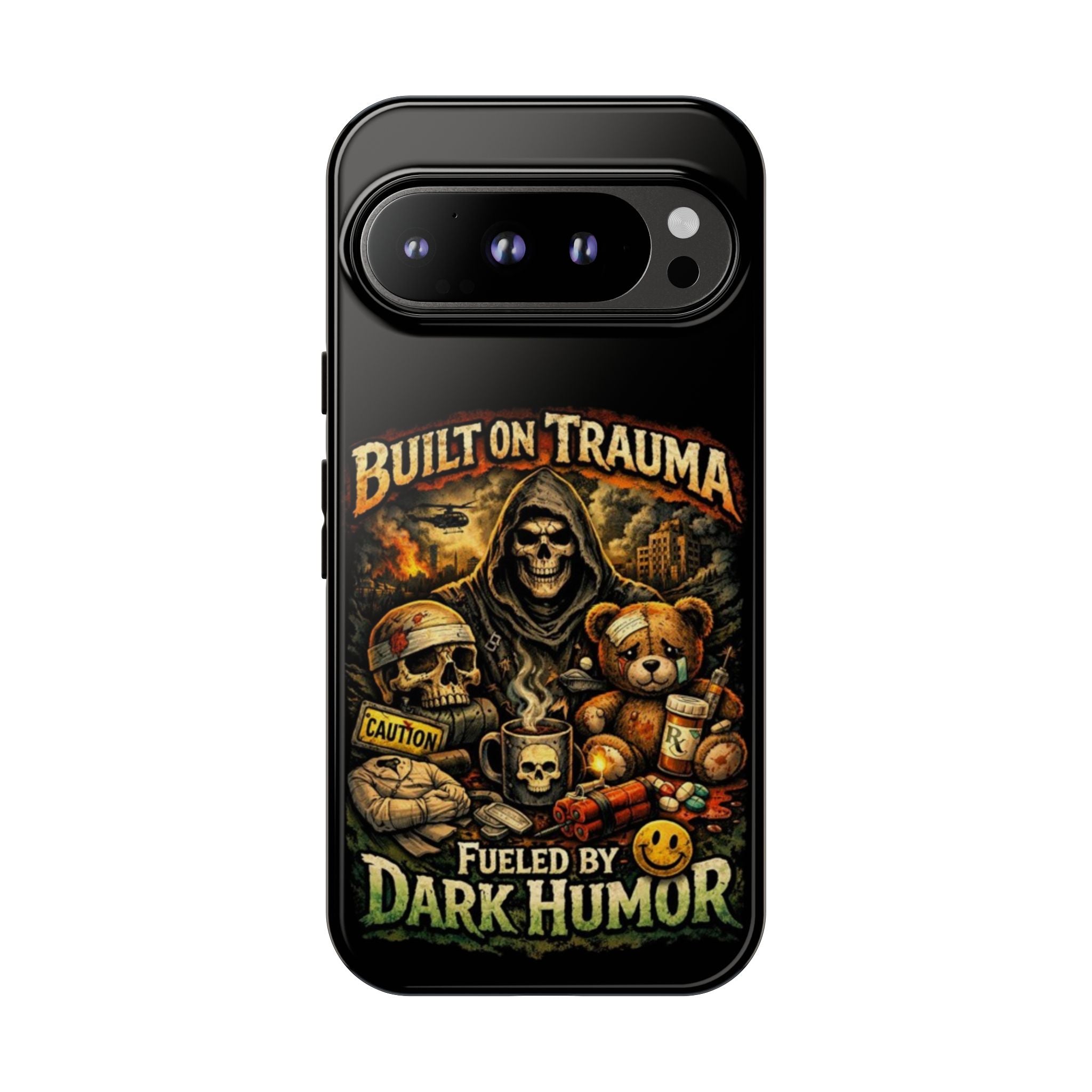 Phone Case — "Built on Trauma Fueled by Dark Humor" Grim Reaper Skull Teddy Design