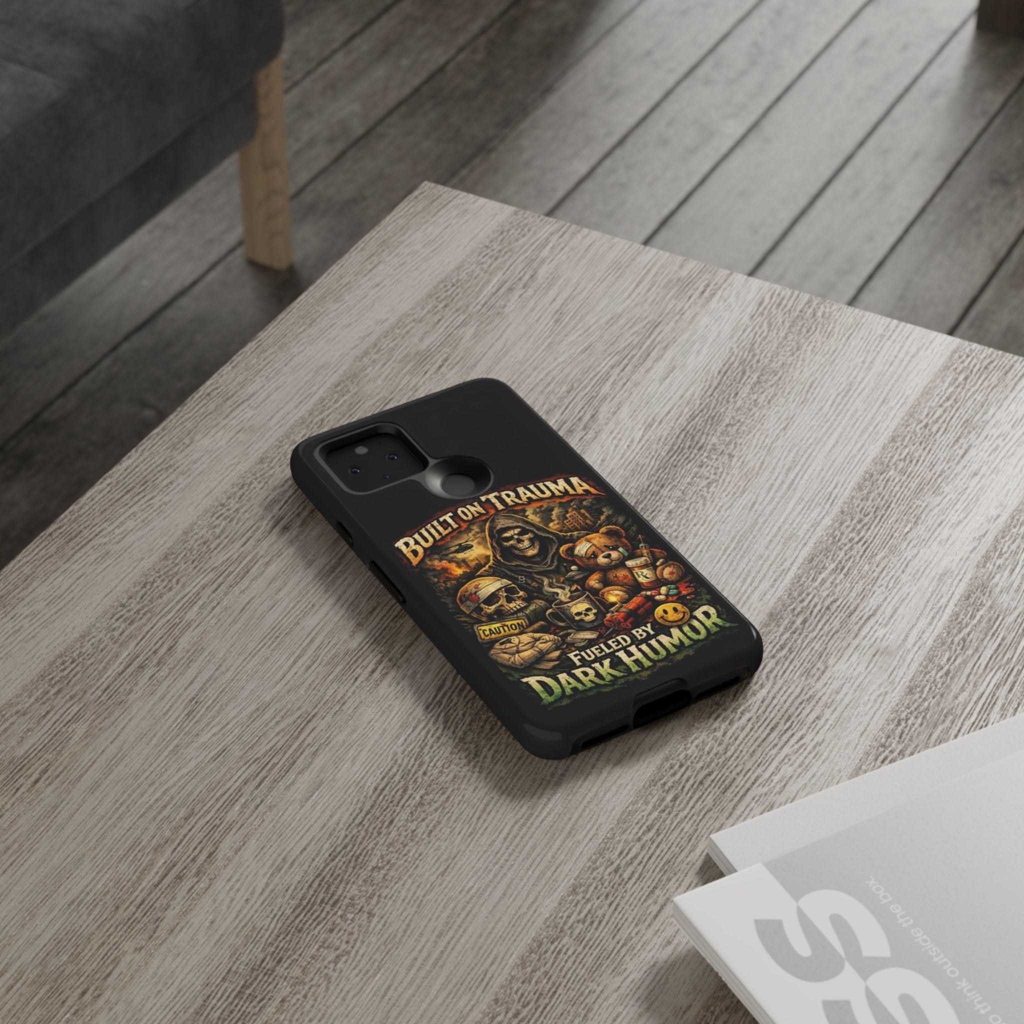 Phone Case — "Built on Trauma Fueled by Dark Humor" Grim Reaper Skull Teddy Design
