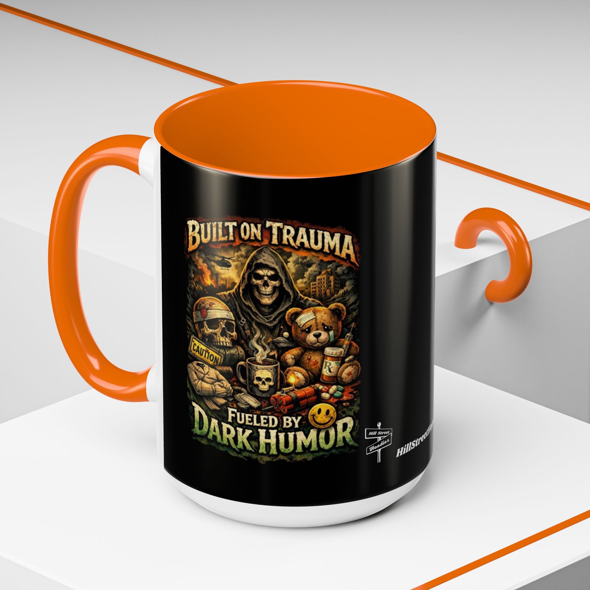 Coffee Mug — "Built on Trauma, Fueled by Dark Humor" Gothic Skull Accent Mug