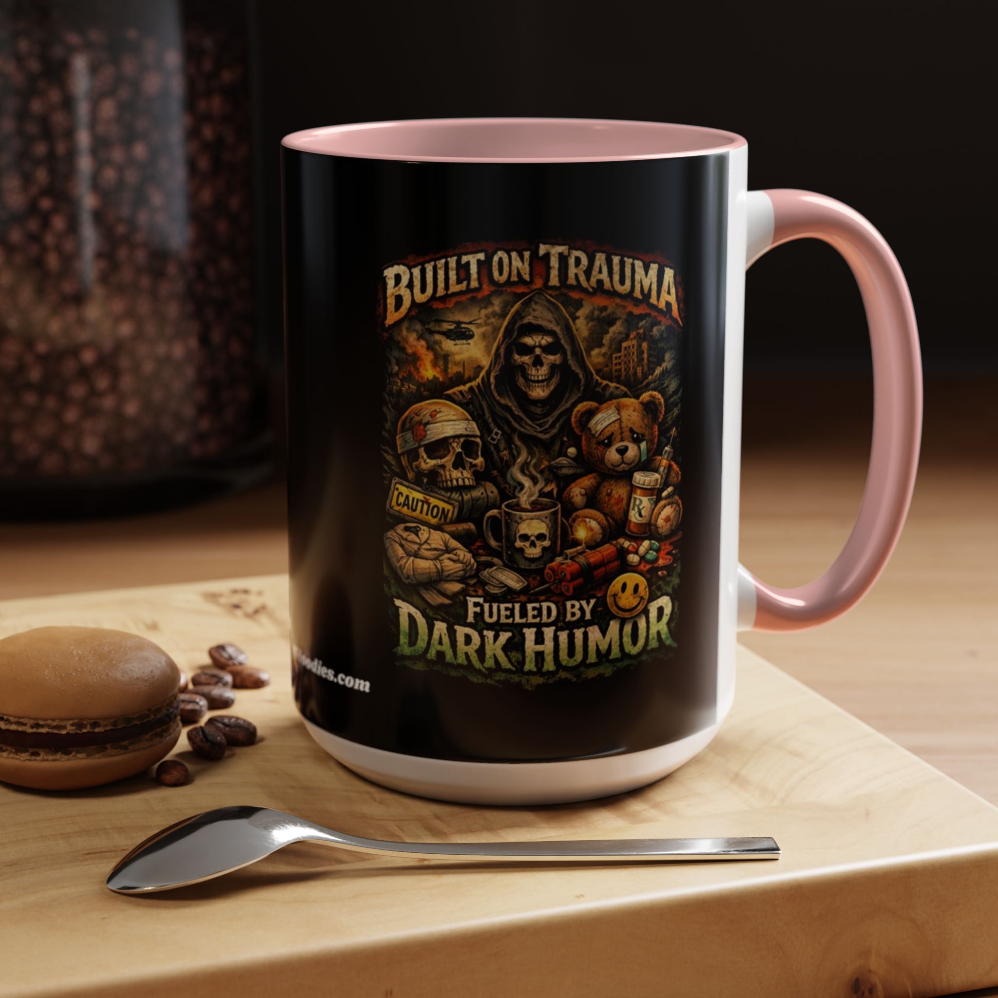 Coffee Mug — "Built on Trauma, Fueled by Dark Humor" Gothic Skull Accent Mug