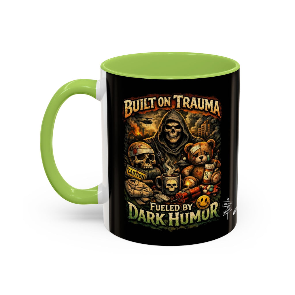 Coffee Mug — "Built on Trauma, Fueled by Dark Humor" Gothic Skull Accent Mug