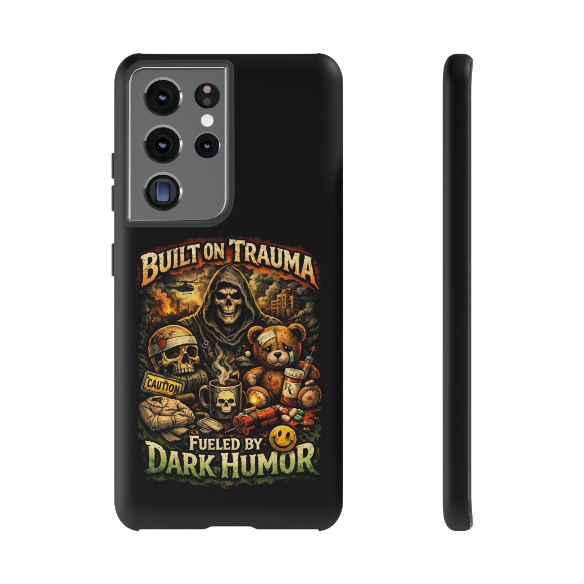 Phone Case — "Built on Trauma Fueled by Dark Humor" Grim Reaper Skull Teddy Design