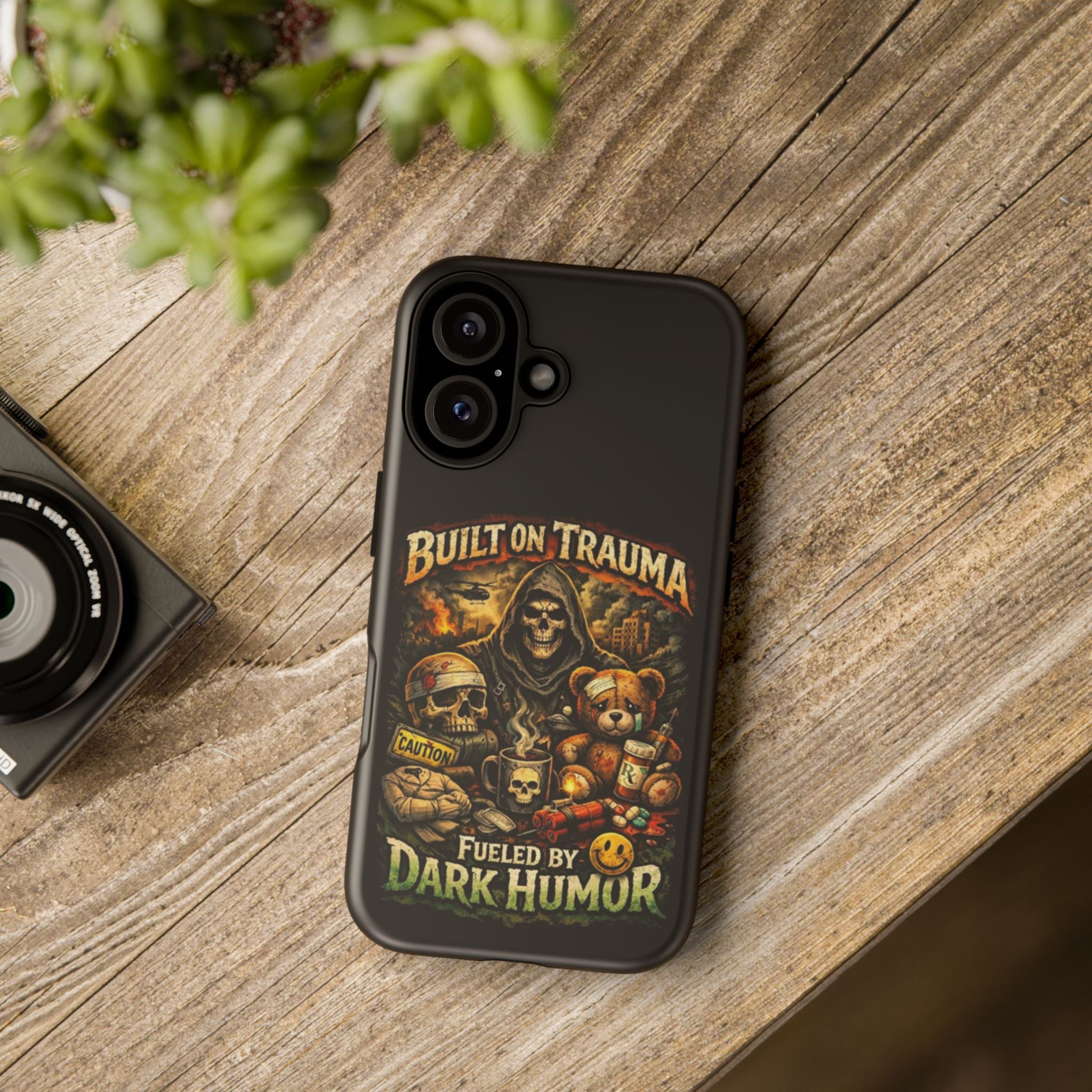Phone Case — "Built on Trauma Fueled by Dark Humor" Grim Reaper Skull Teddy Design