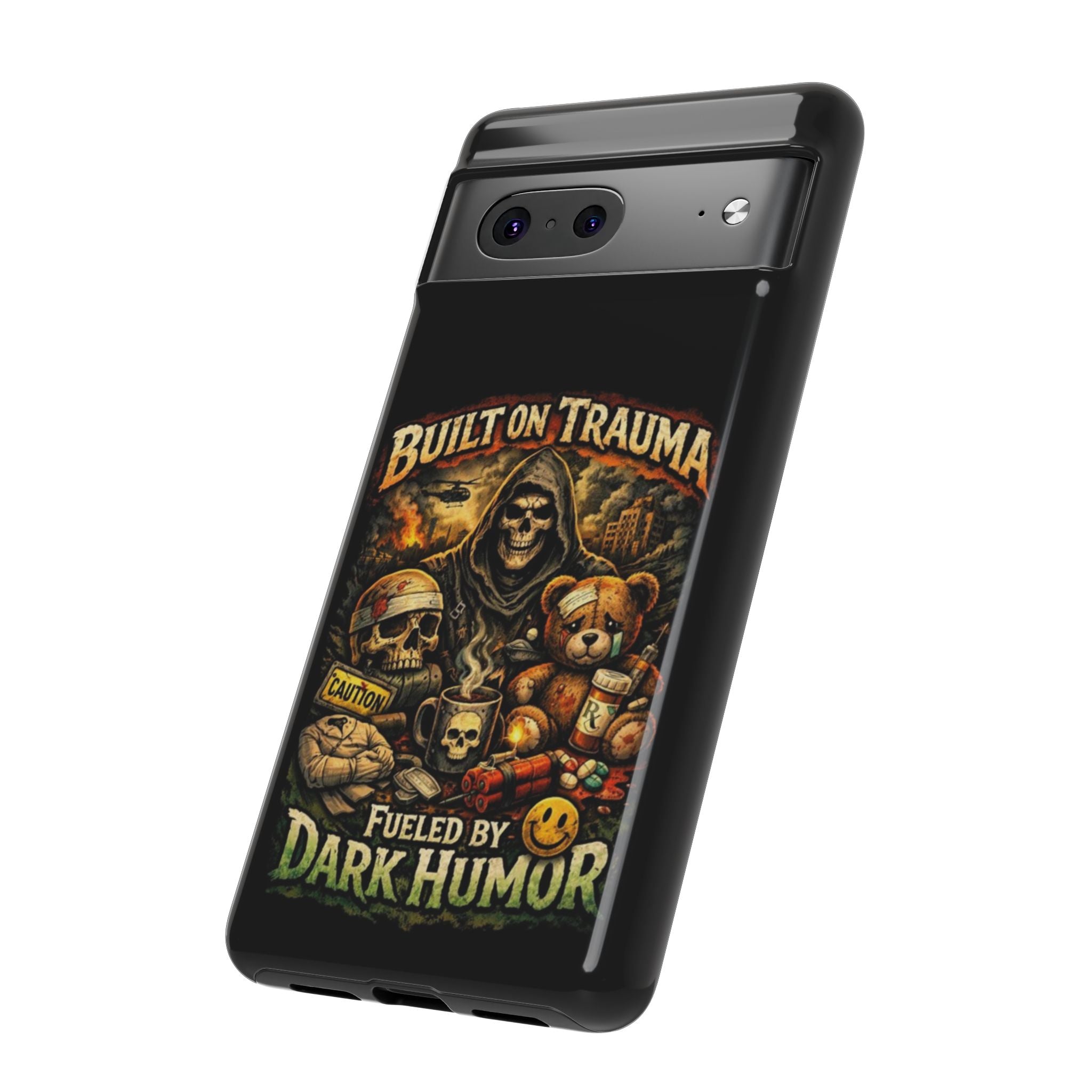 Phone Case — "Built on Trauma Fueled by Dark Humor" Grim Reaper Skull Teddy Design