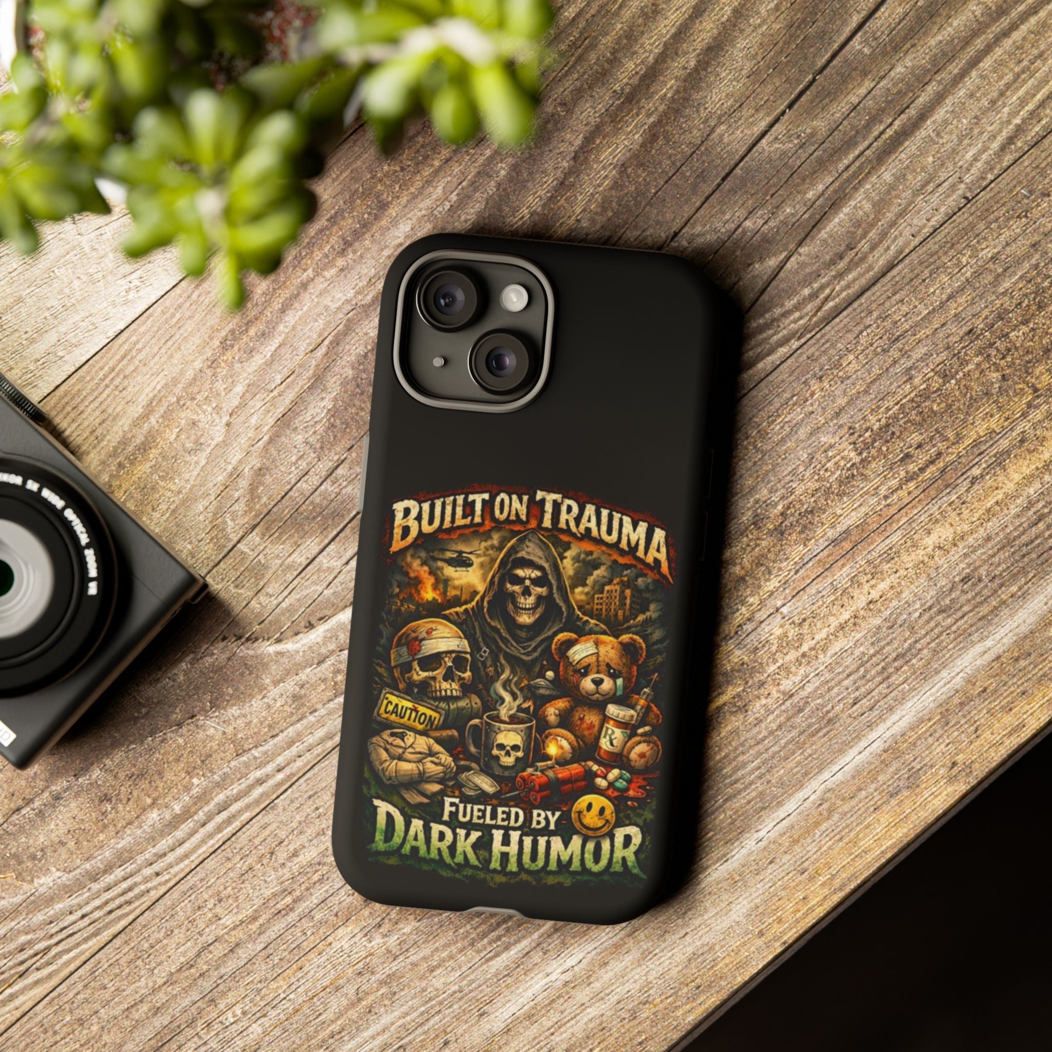 Phone Case — "Built on Trauma Fueled by Dark Humor" Grim Reaper Skull Teddy Design