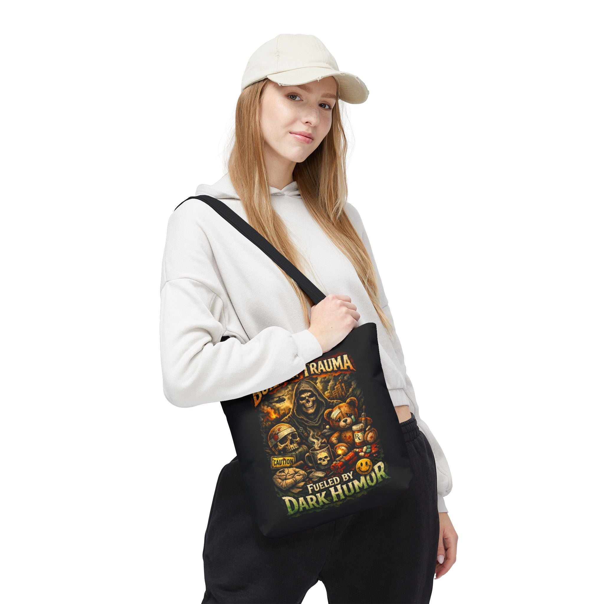 Built on Trauma Tote Bag — Fueled by Dark Humor Graphic Tote