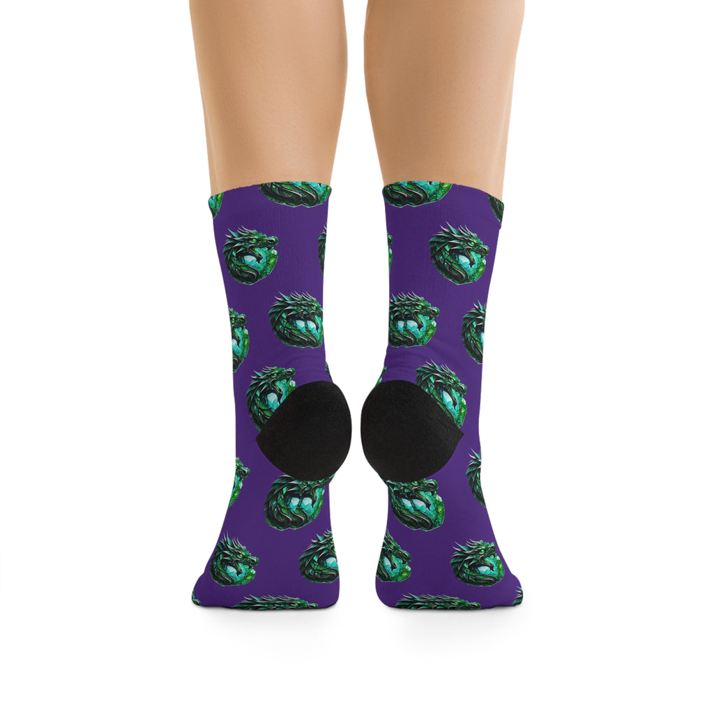 Green Dragon Heart Pattern Socks — Recycled-Poly Crew Socks, Eco-Friendly Fantasy Gift