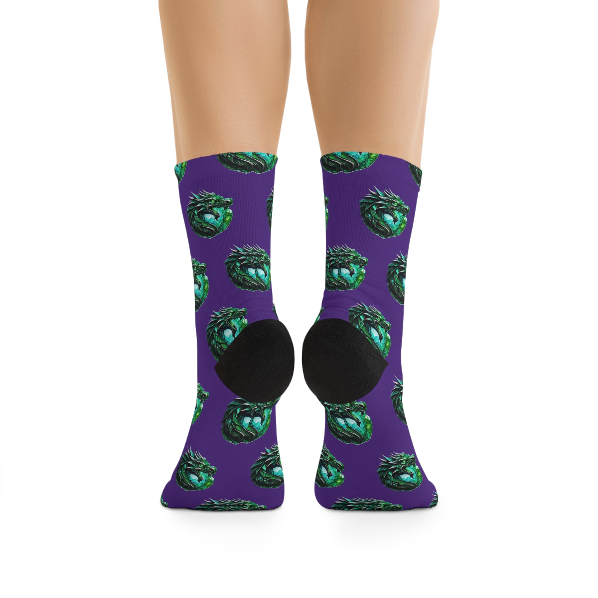 Green Dragon Heart Pattern Socks — Recycled-Poly Crew Socks, Eco-Friendly Fantasy Gift
