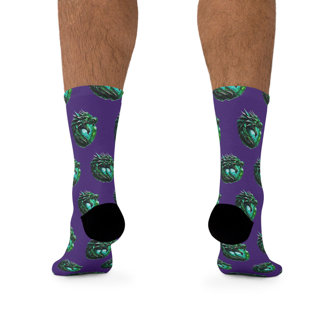 Green Dragon Heart Pattern Socks — Recycled-Poly Crew Socks, Eco-Friendly Fantasy Gift