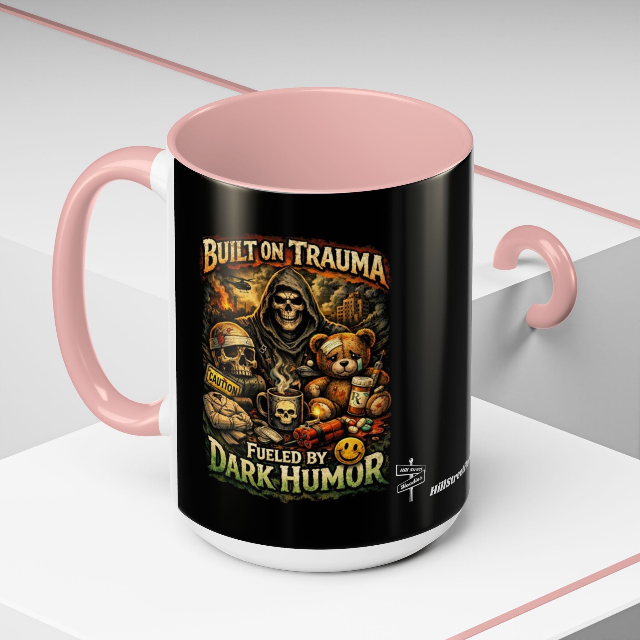 Coffee Mug — "Built on Trauma, Fueled by Dark Humor" Gothic Skull Accent Mug