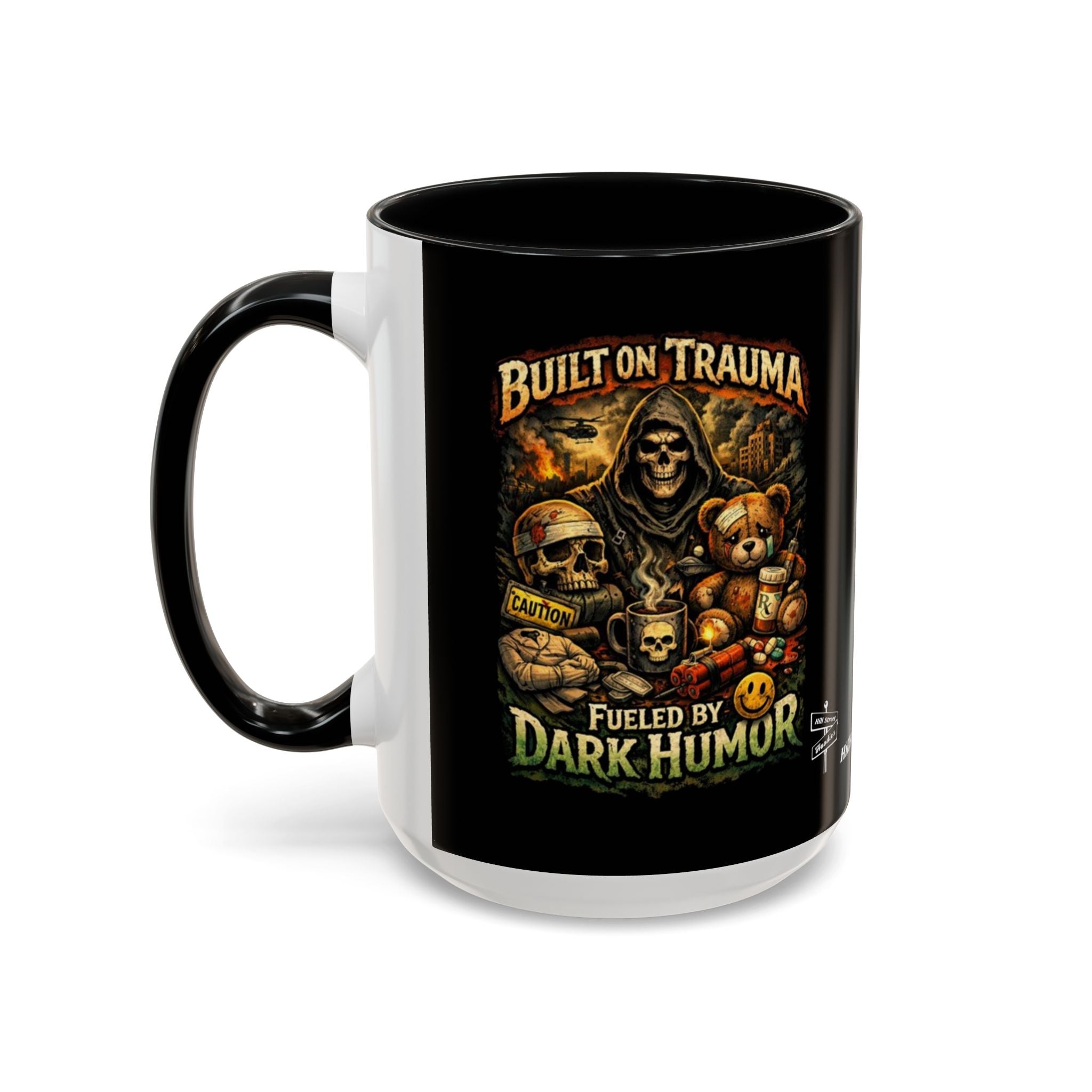 Coffee Mug — "Built on Trauma, Fueled by Dark Humor" Gothic Skull Accent Mug