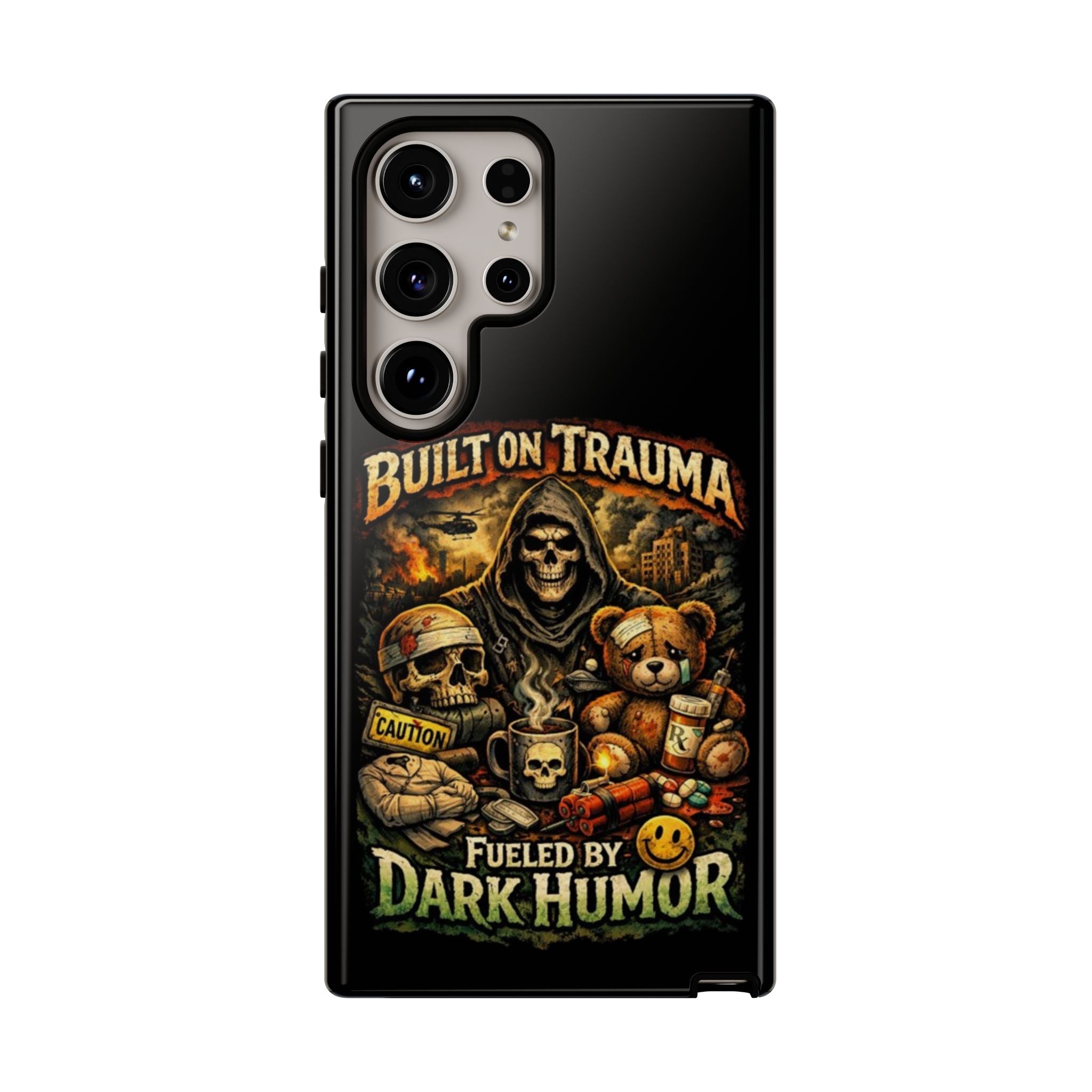 Phone Case — "Built on Trauma Fueled by Dark Humor" Grim Reaper Skull Teddy Design