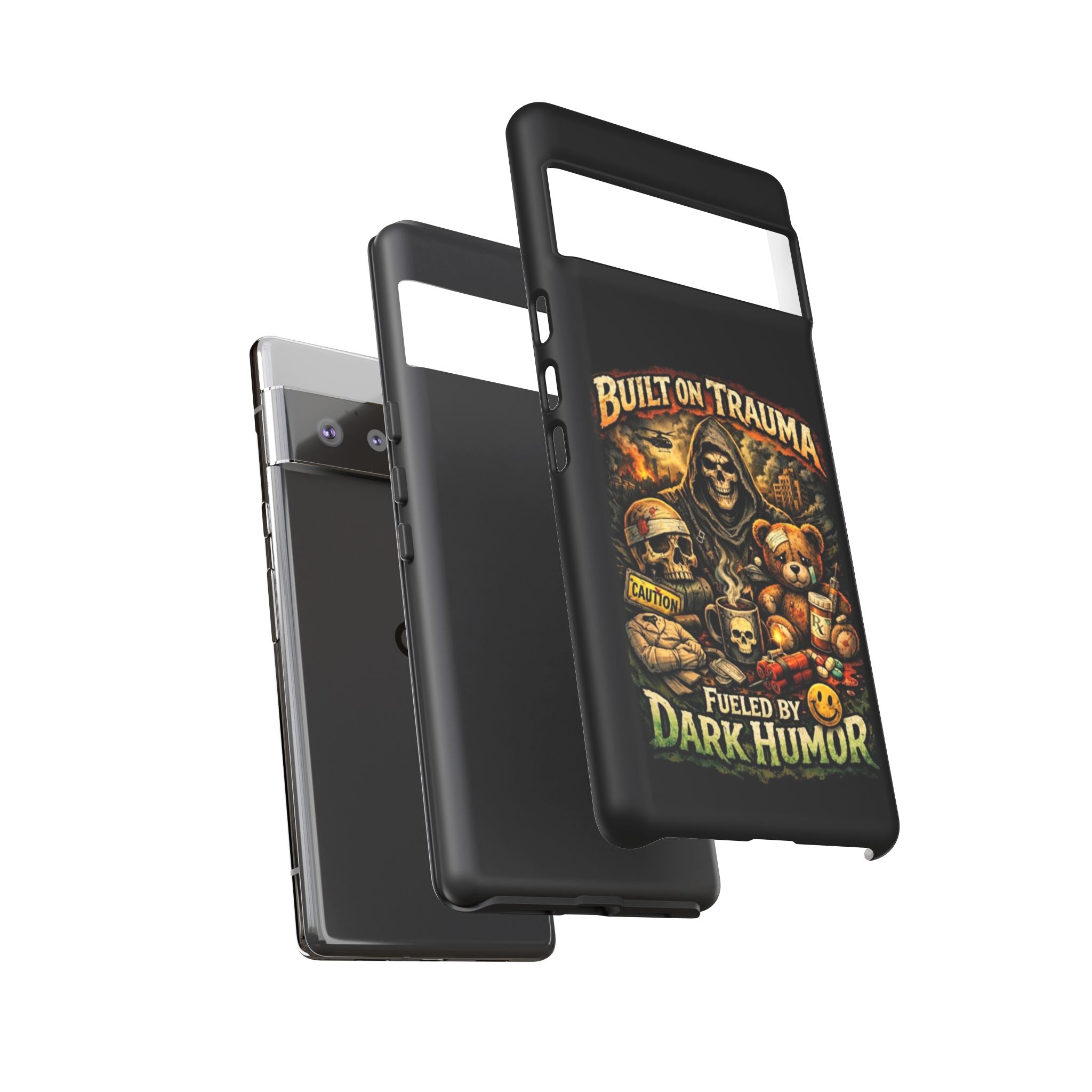 Phone Case — "Built on Trauma Fueled by Dark Humor" Grim Reaper Skull Teddy Design