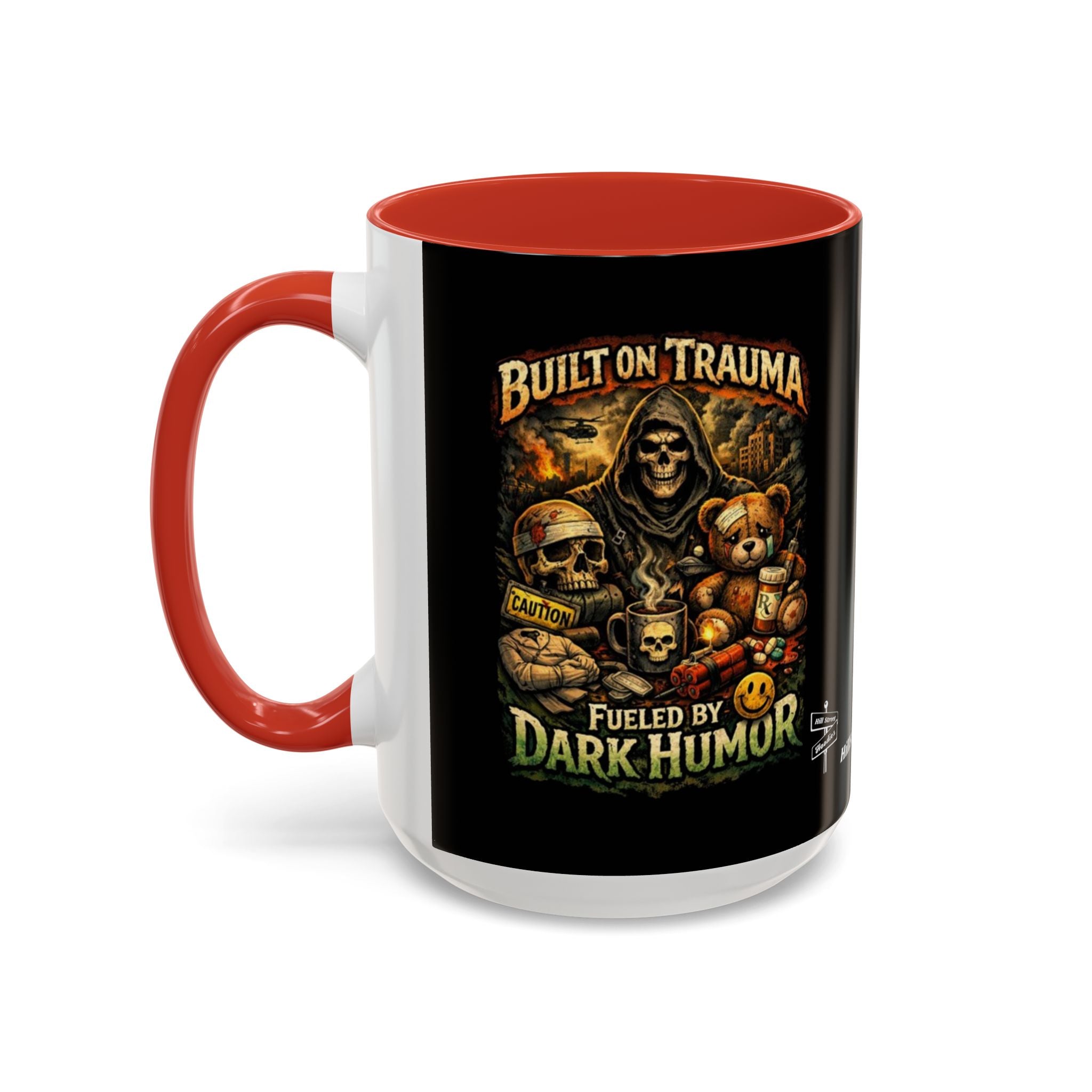 Coffee Mug — "Built on Trauma, Fueled by Dark Humor" Gothic Skull Accent Mug