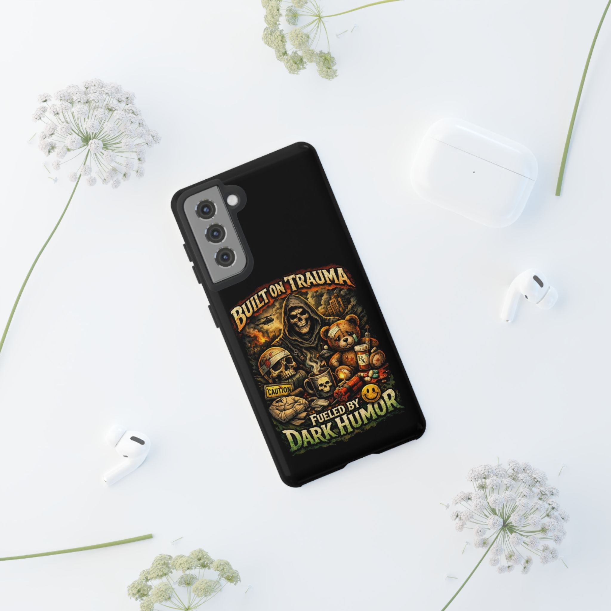 Phone Case — "Built on Trauma Fueled by Dark Humor" Grim Reaper Skull Teddy Design