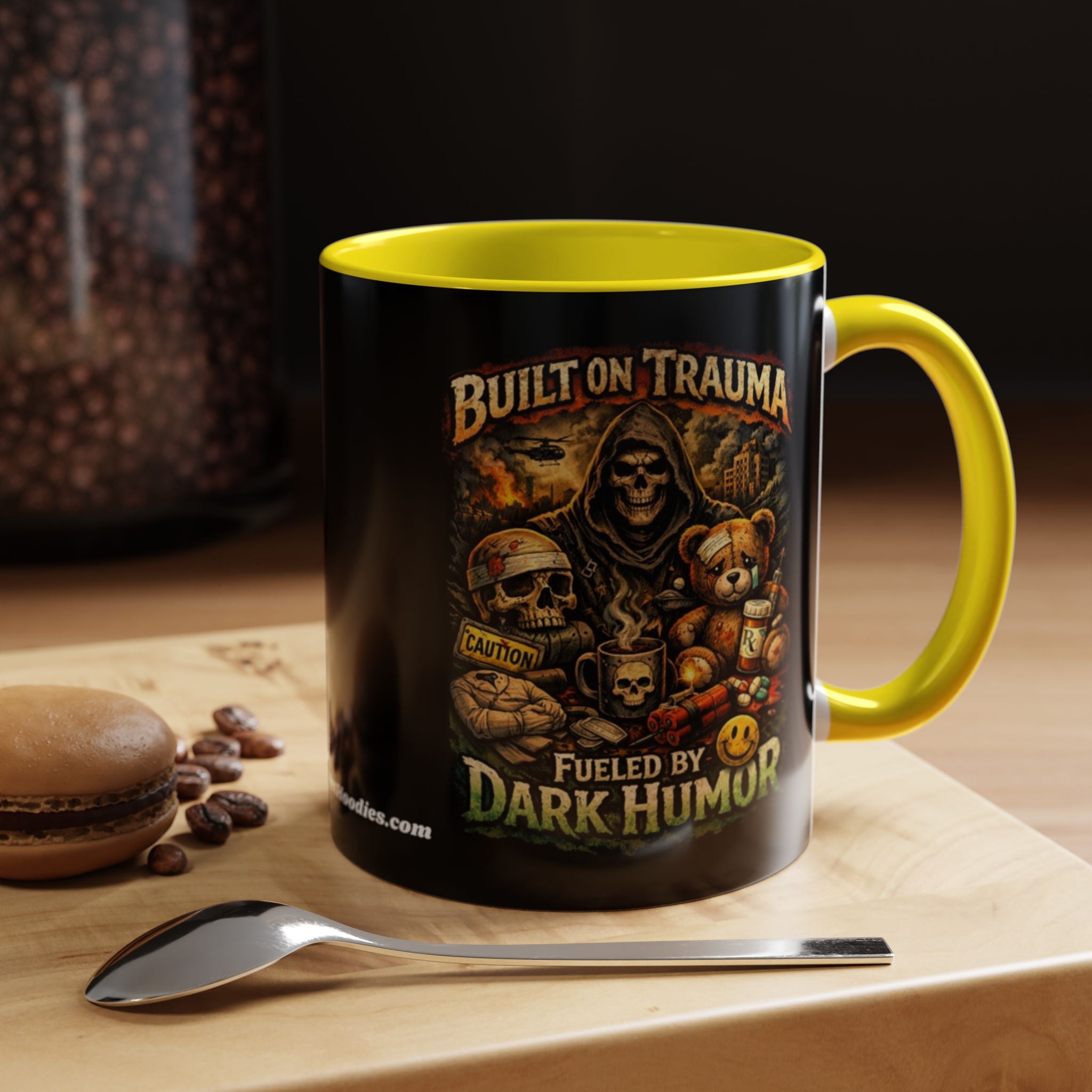 Coffee Mug — "Built on Trauma, Fueled by Dark Humor" Gothic Skull Accent Mug