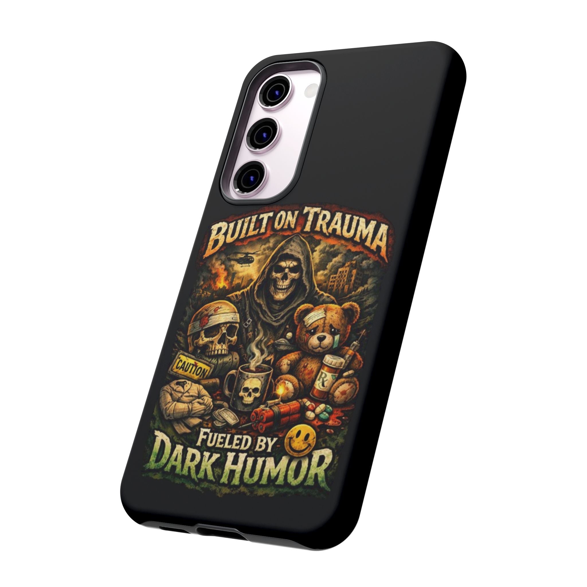 Phone Case — "Built on Trauma Fueled by Dark Humor" Grim Reaper Skull Teddy Design