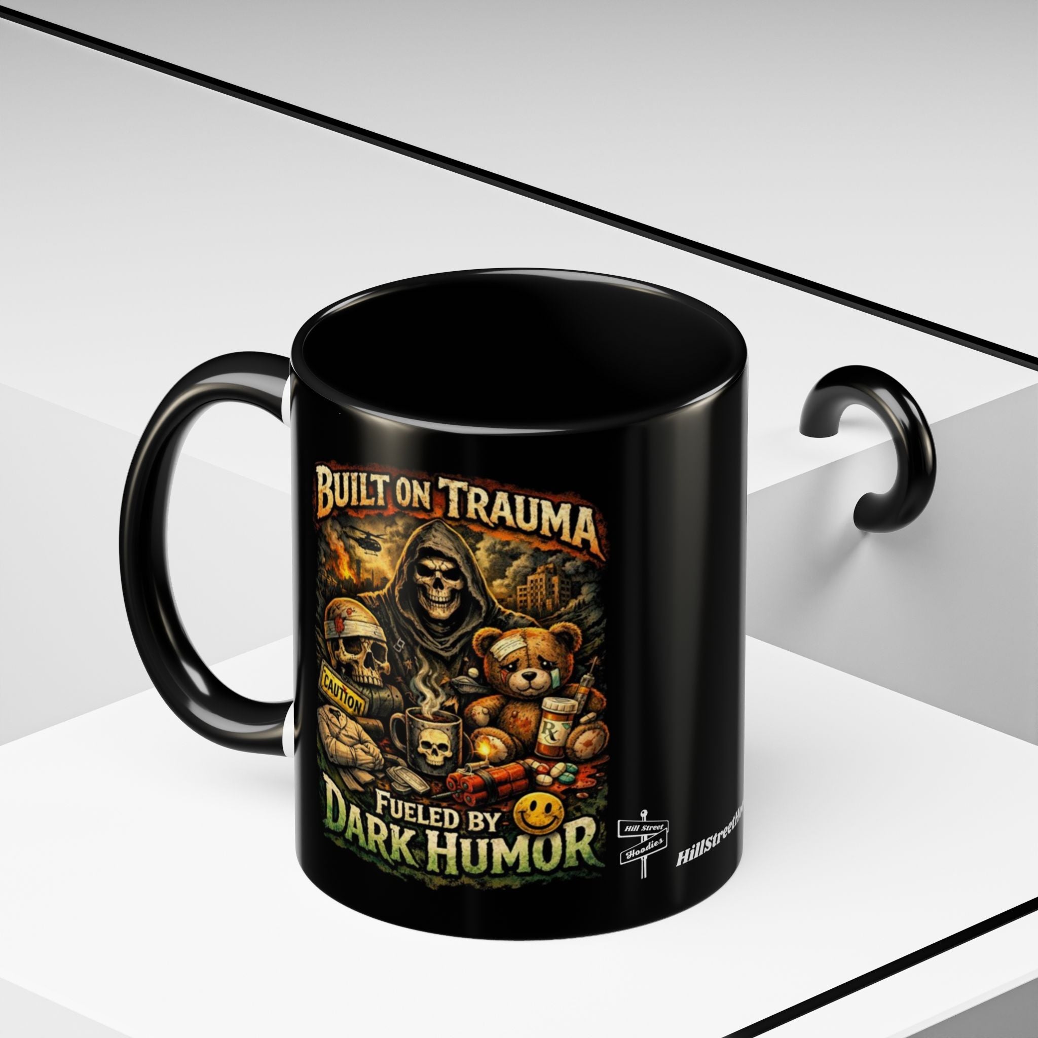 Coffee Mug — "Built on Trauma, Fueled by Dark Humor" Gothic Skull Accent Mug