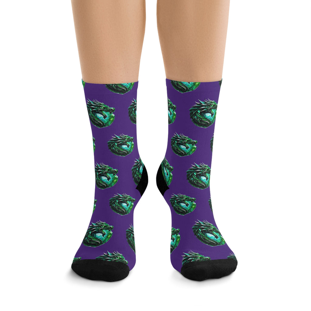 Green Dragon Heart Pattern Socks — Recycled-Poly Crew Socks, Eco-Friendly Fantasy Gift