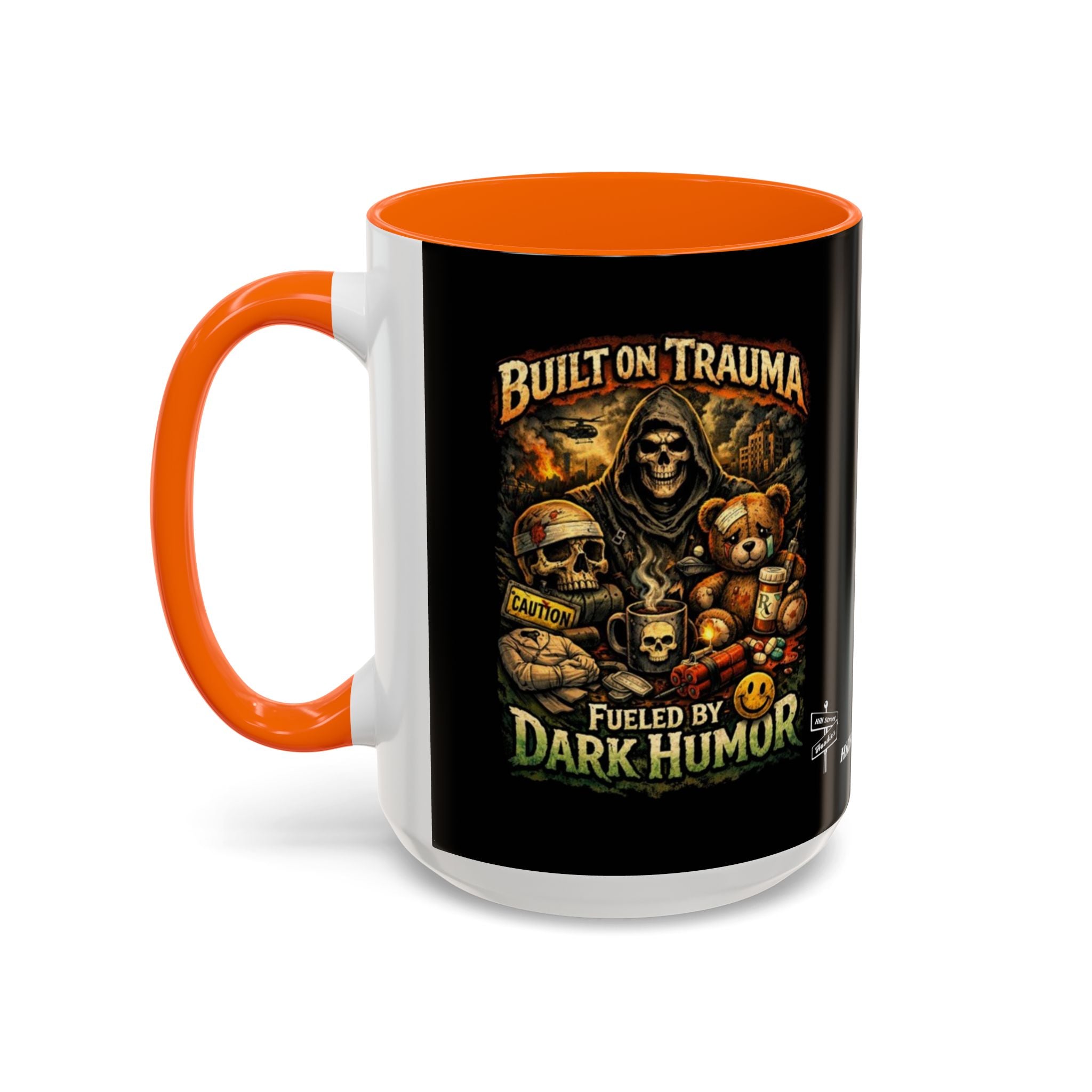 Coffee Mug — "Built on Trauma, Fueled by Dark Humor" Gothic Skull Accent Mug