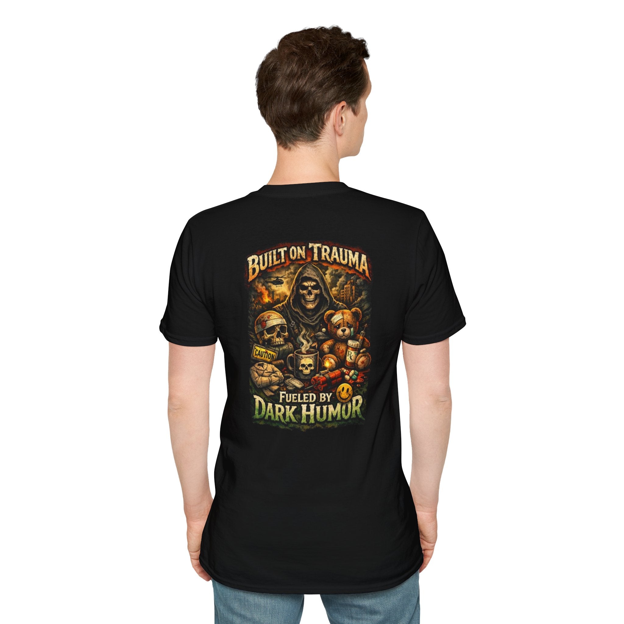 Built on Trauma Graphic T-Shirt — Dark Humor Skull & Teddy Design