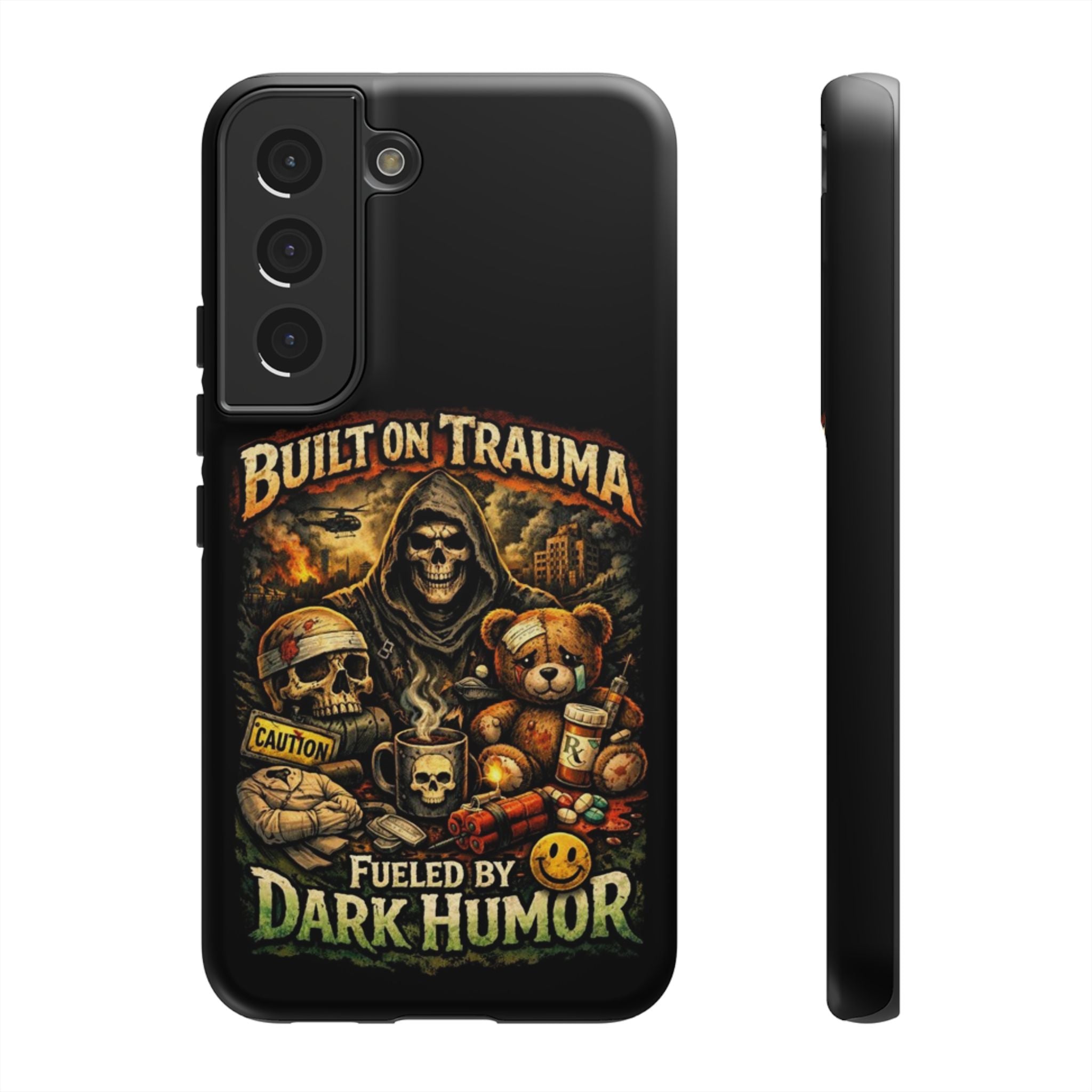 Phone Case — "Built on Trauma Fueled by Dark Humor" Grim Reaper Skull Teddy Design