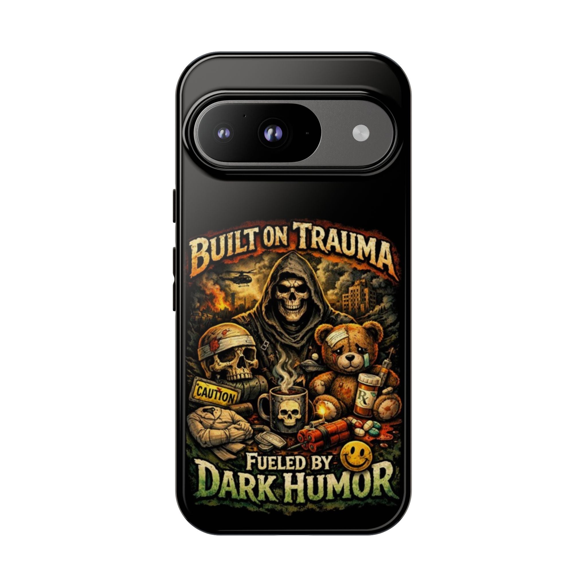 Phone Case — "Built on Trauma Fueled by Dark Humor" Grim Reaper Skull Teddy Design