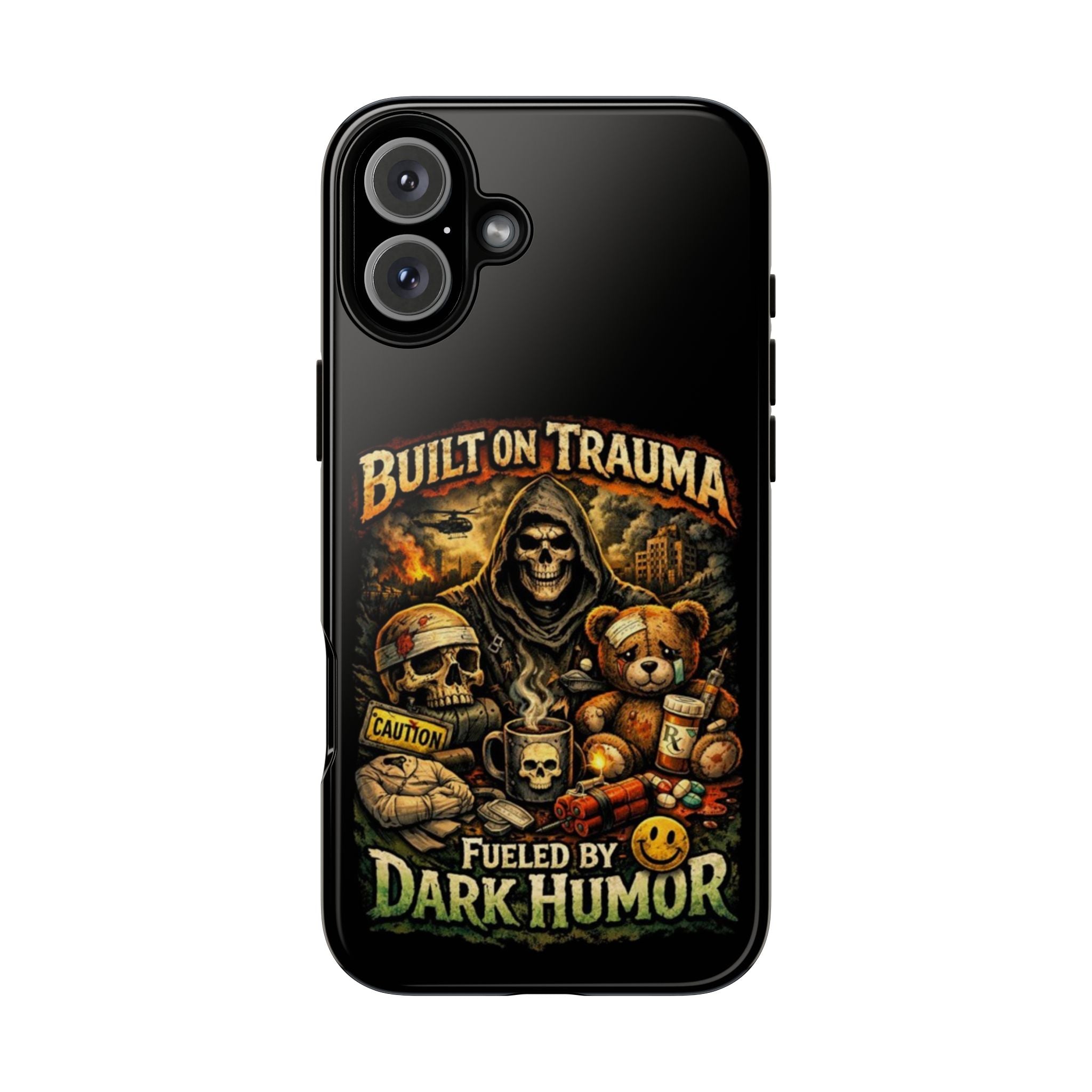 Phone Case — "Built on Trauma Fueled by Dark Humor" Grim Reaper Skull Teddy Design