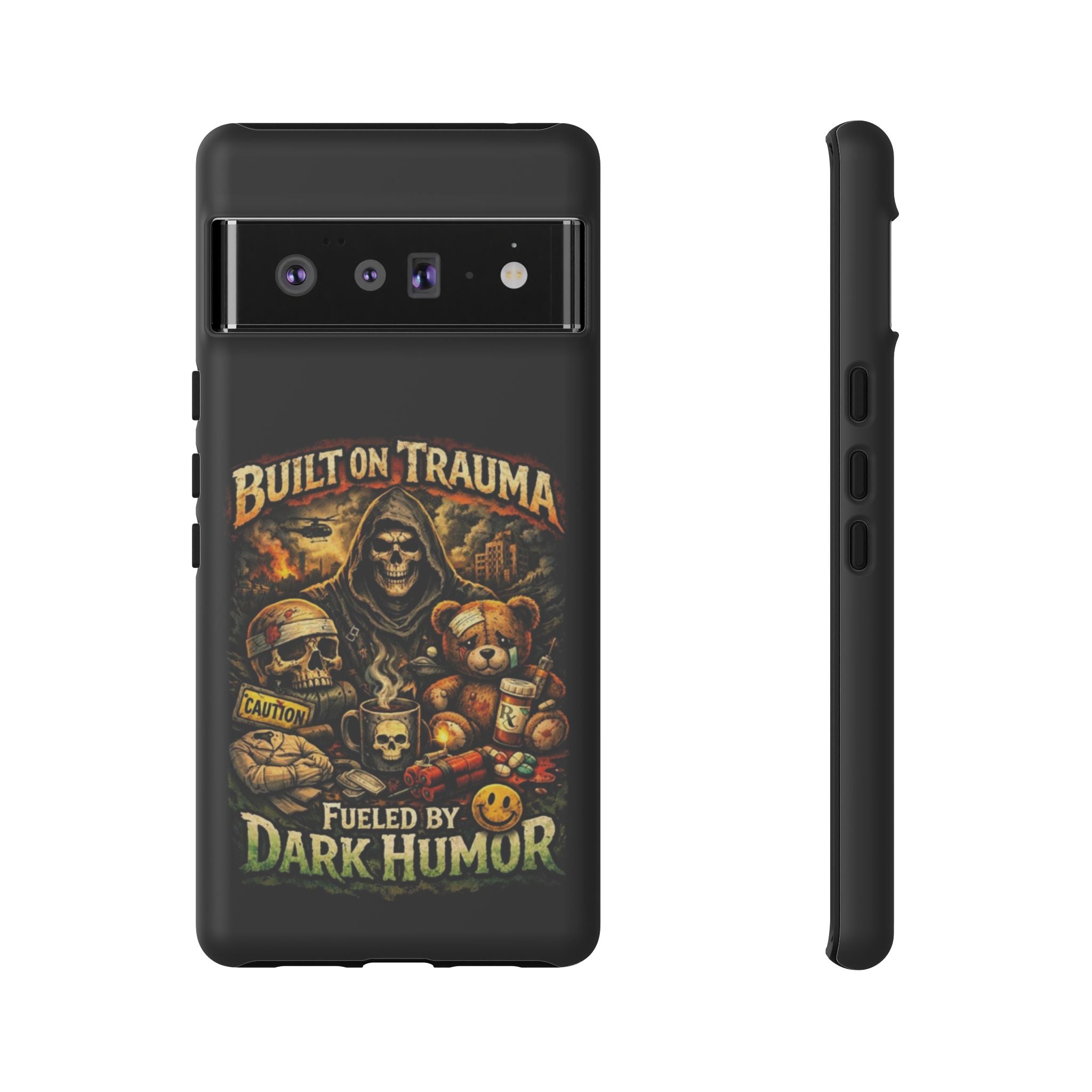 Phone Case — "Built on Trauma Fueled by Dark Humor" Grim Reaper Skull Teddy Design