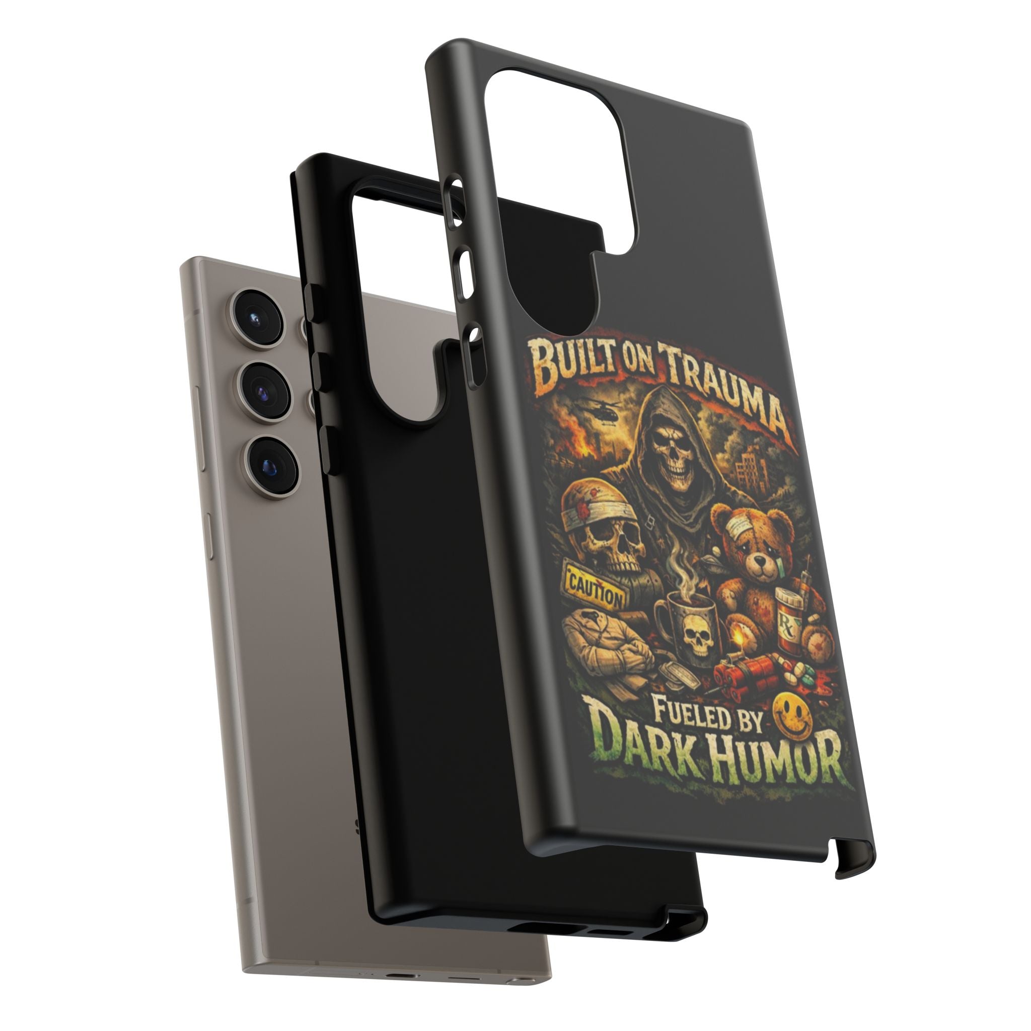 Phone Case — "Built on Trauma Fueled by Dark Humor" Grim Reaper Skull Teddy Design