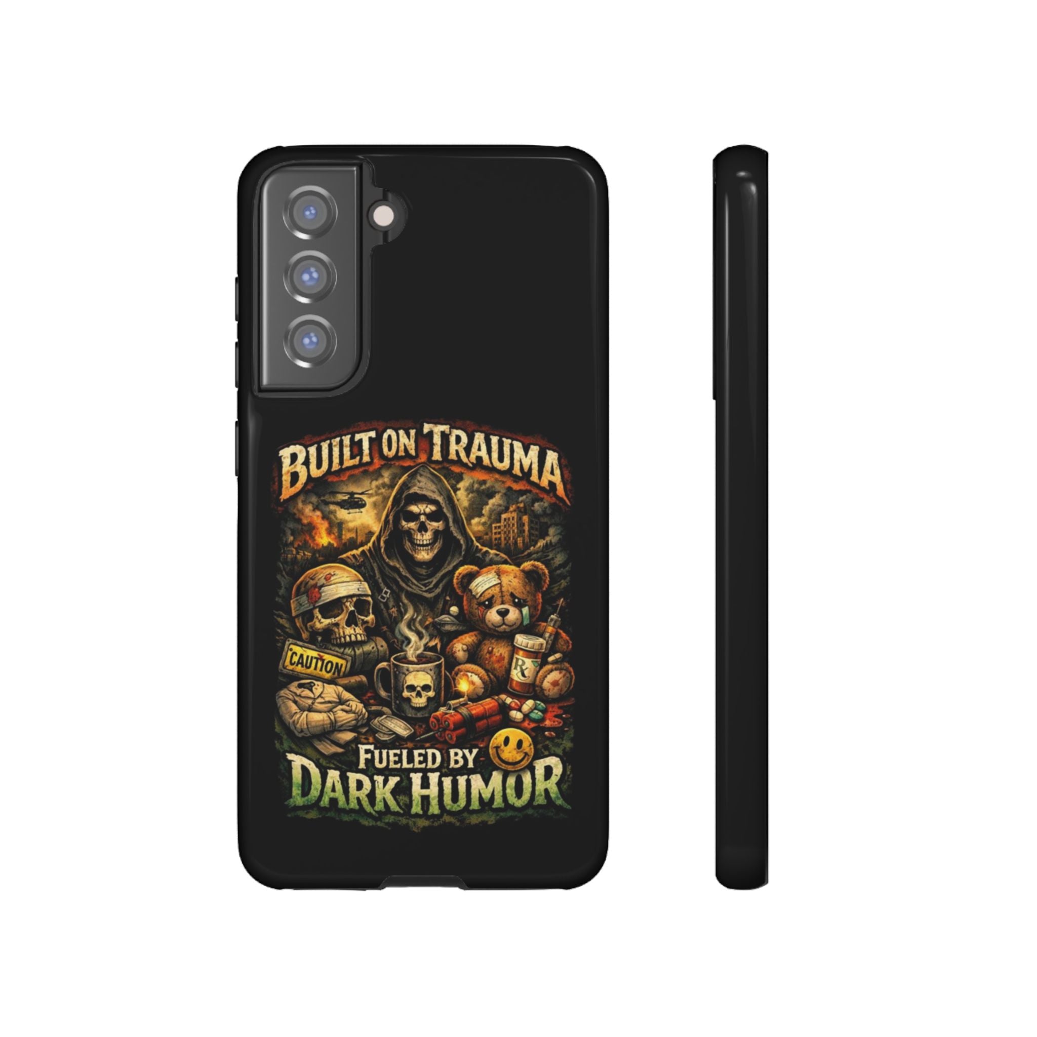 Phone Case — "Built on Trauma Fueled by Dark Humor" Grim Reaper Skull Teddy Design