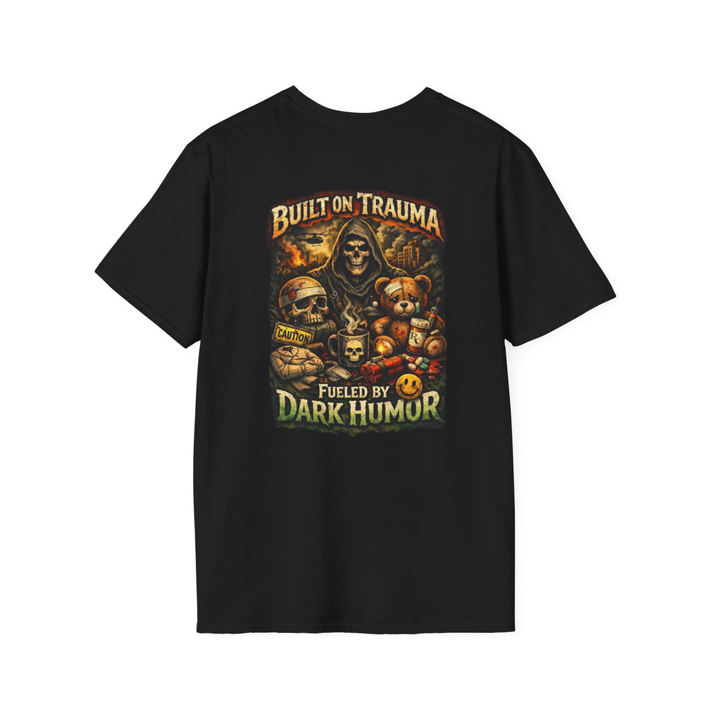 Built on Trauma Graphic T-Shirt — Dark Humor Skull & Teddy Design