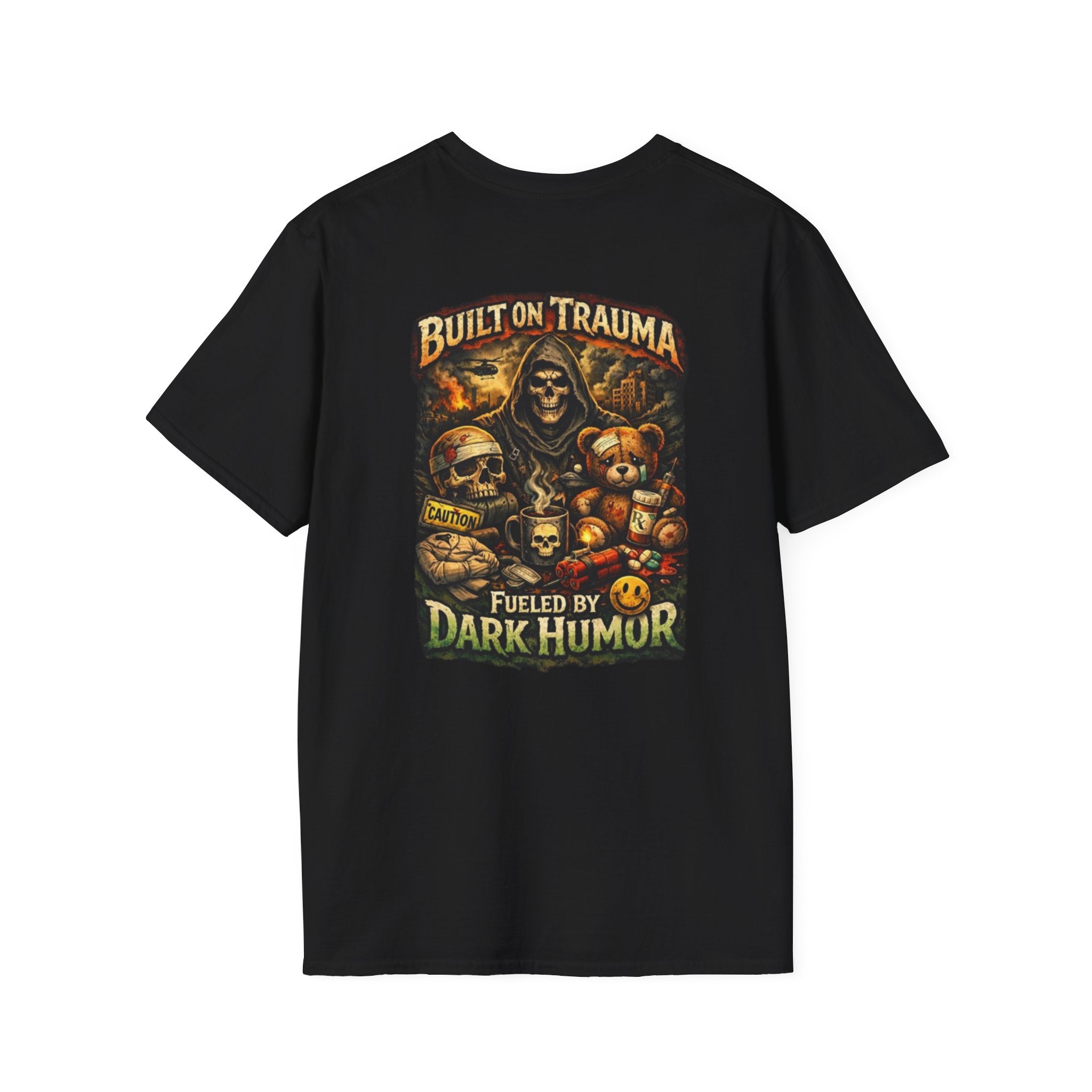Built on Trauma Graphic T-Shirt — Dark Humor Skull & Teddy Design