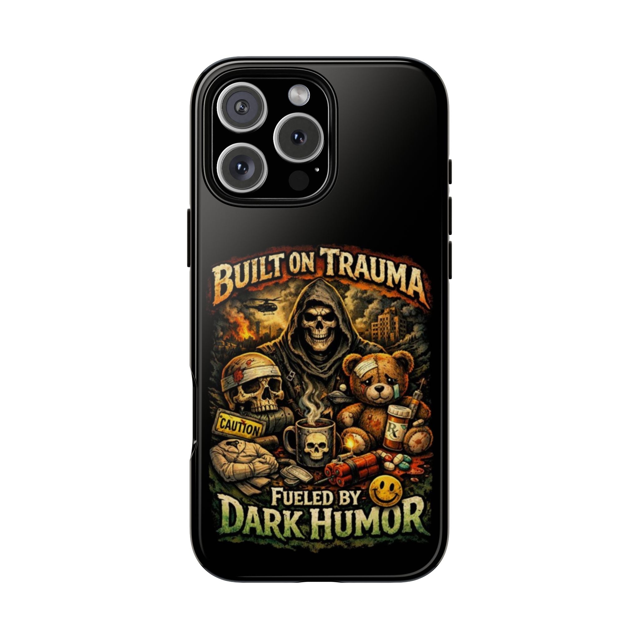 Phone Case — "Built on Trauma Fueled by Dark Humor" Grim Reaper Skull Teddy Design