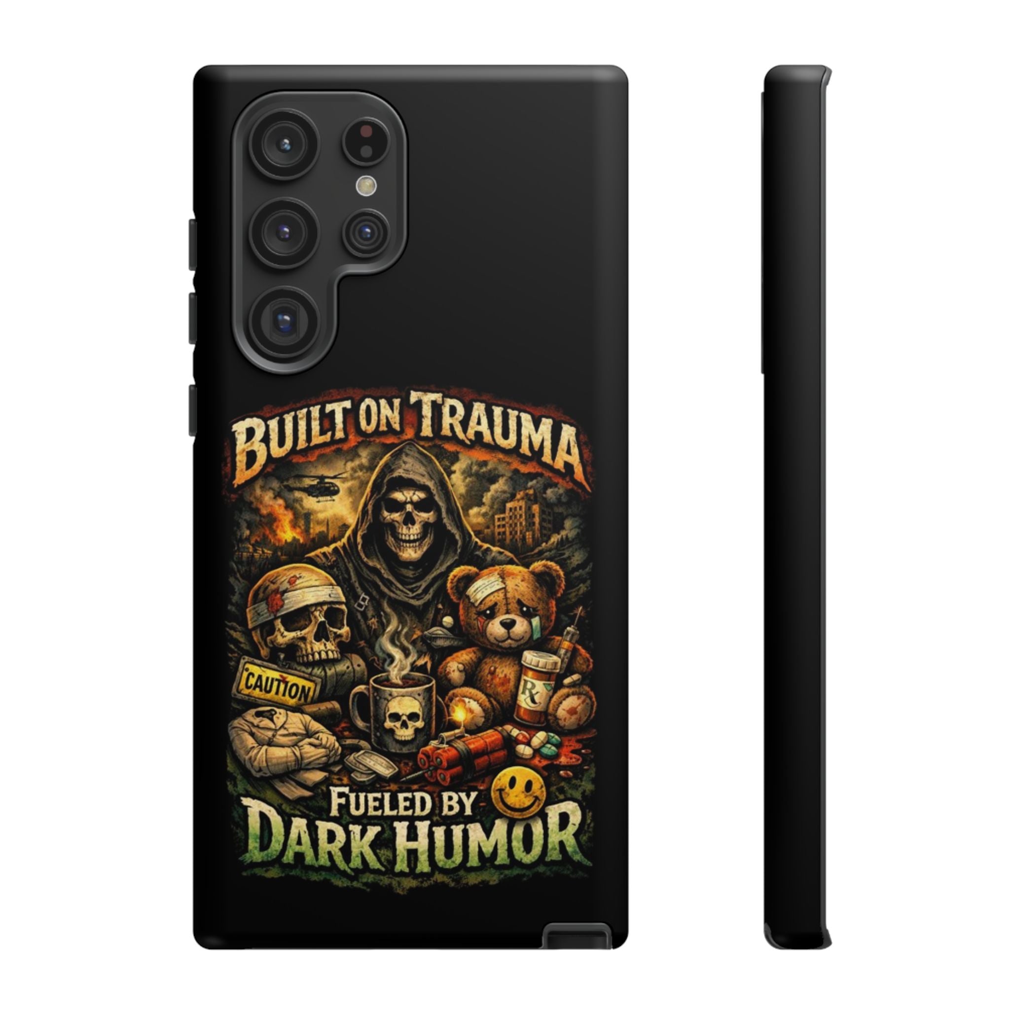 Phone Case — "Built on Trauma Fueled by Dark Humor" Grim Reaper Skull Teddy Design