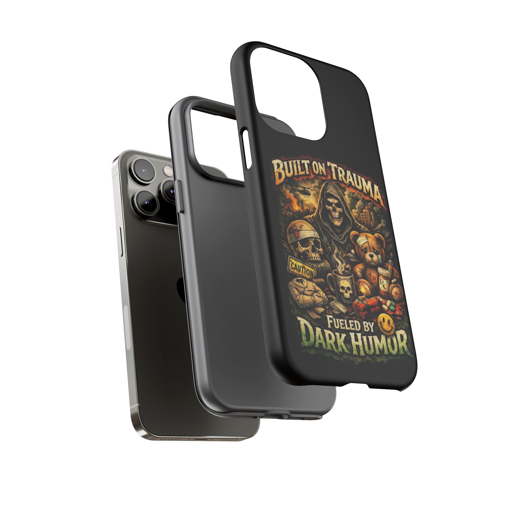 Phone Case — "Built on Trauma Fueled by Dark Humor" Grim Reaper Skull Teddy Design