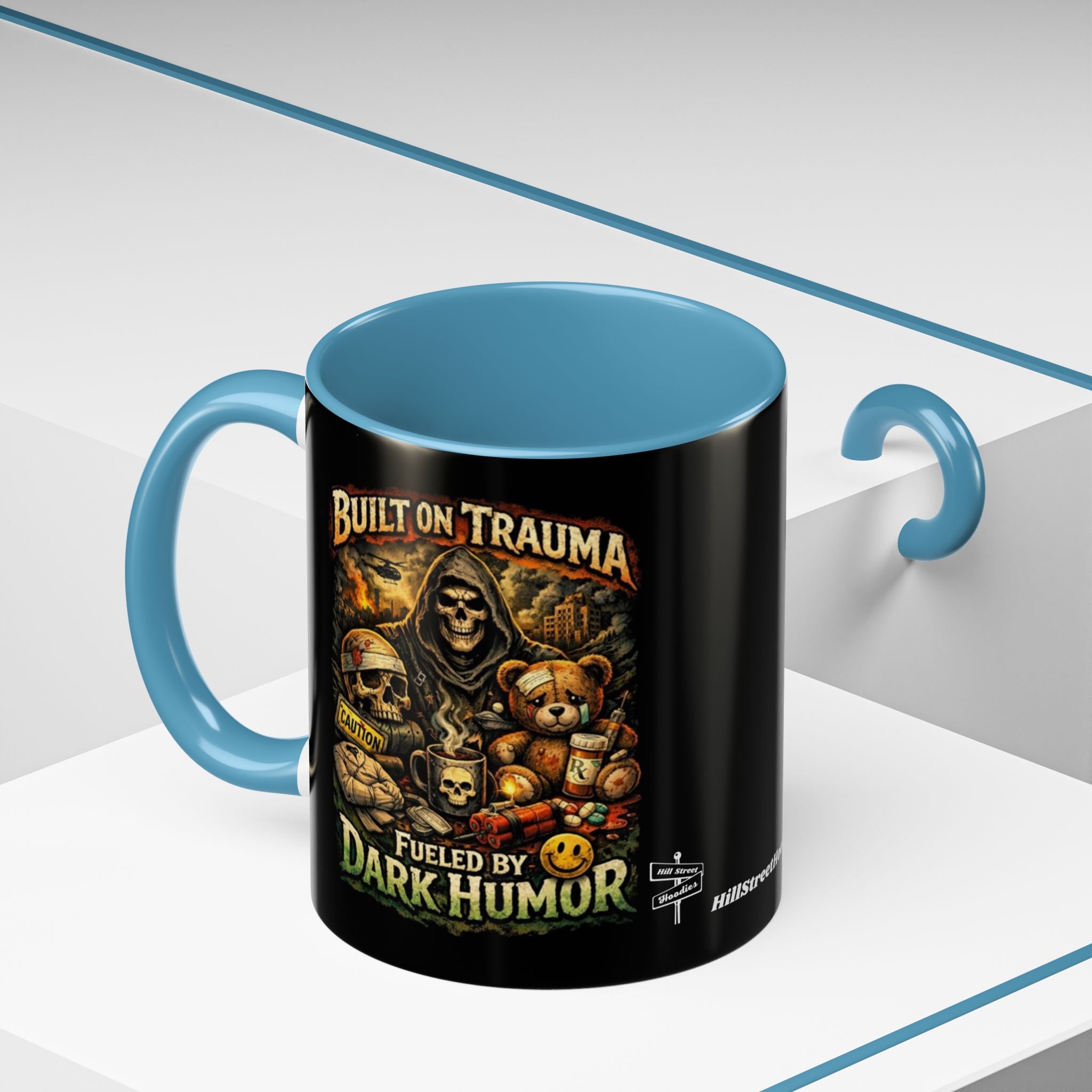 Coffee Mug — "Built on Trauma, Fueled by Dark Humor" Gothic Skull Accent Mug