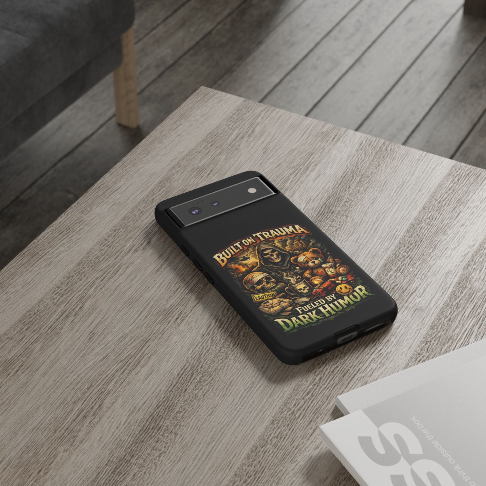 Phone Case — "Built on Trauma Fueled by Dark Humor" Grim Reaper Skull Teddy Design
