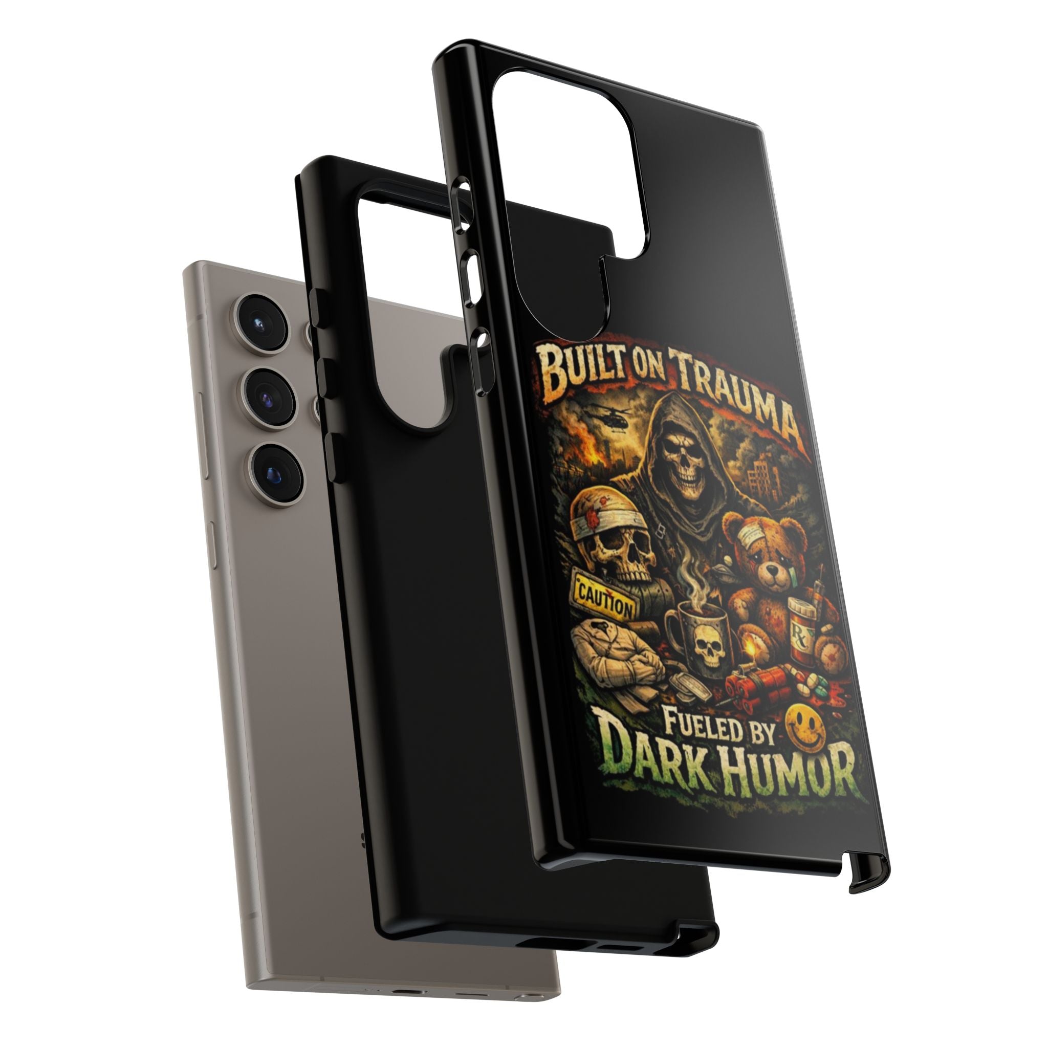 Phone Case — "Built on Trauma Fueled by Dark Humor" Grim Reaper Skull Teddy Design