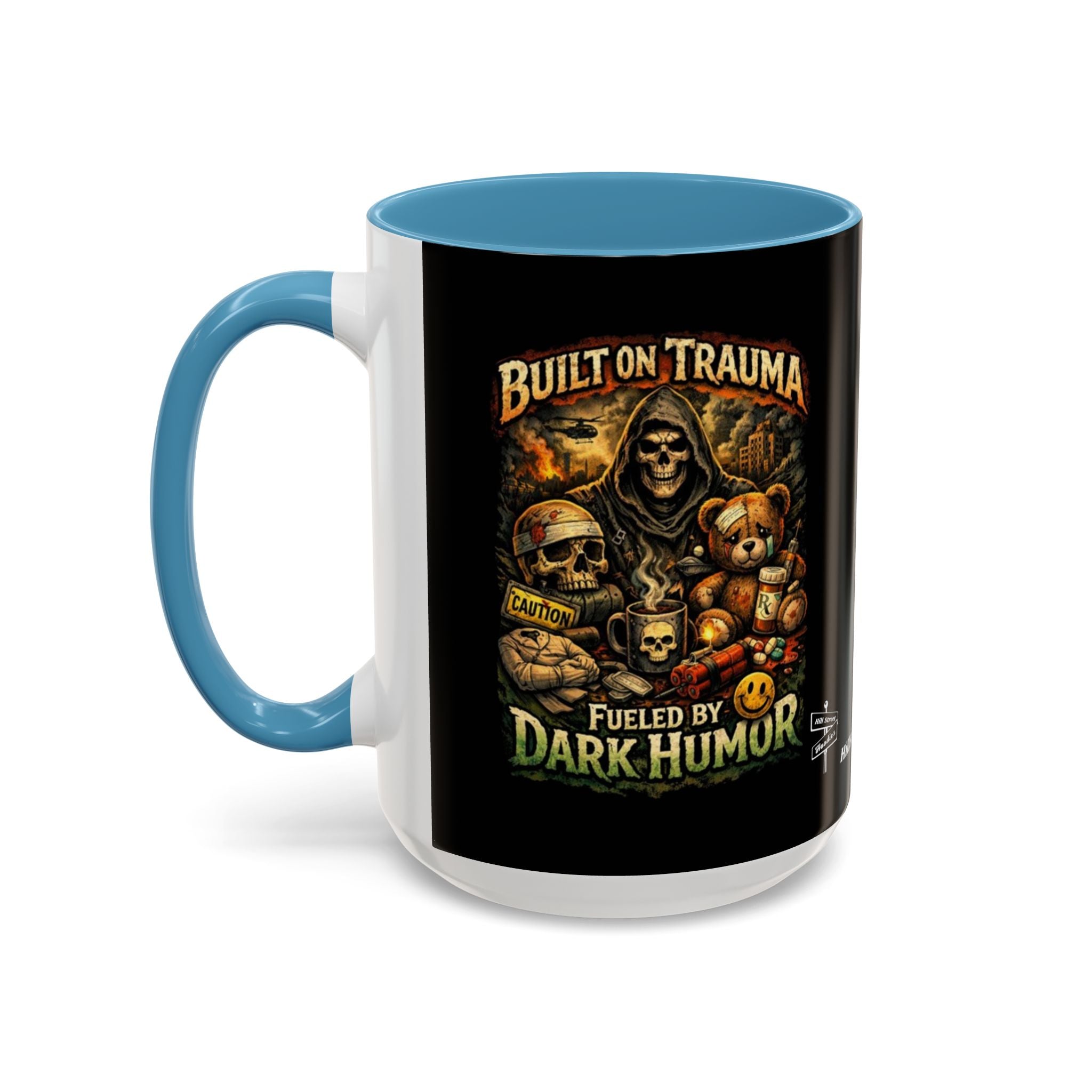 Coffee Mug — "Built on Trauma, Fueled by Dark Humor" Gothic Skull Accent Mug