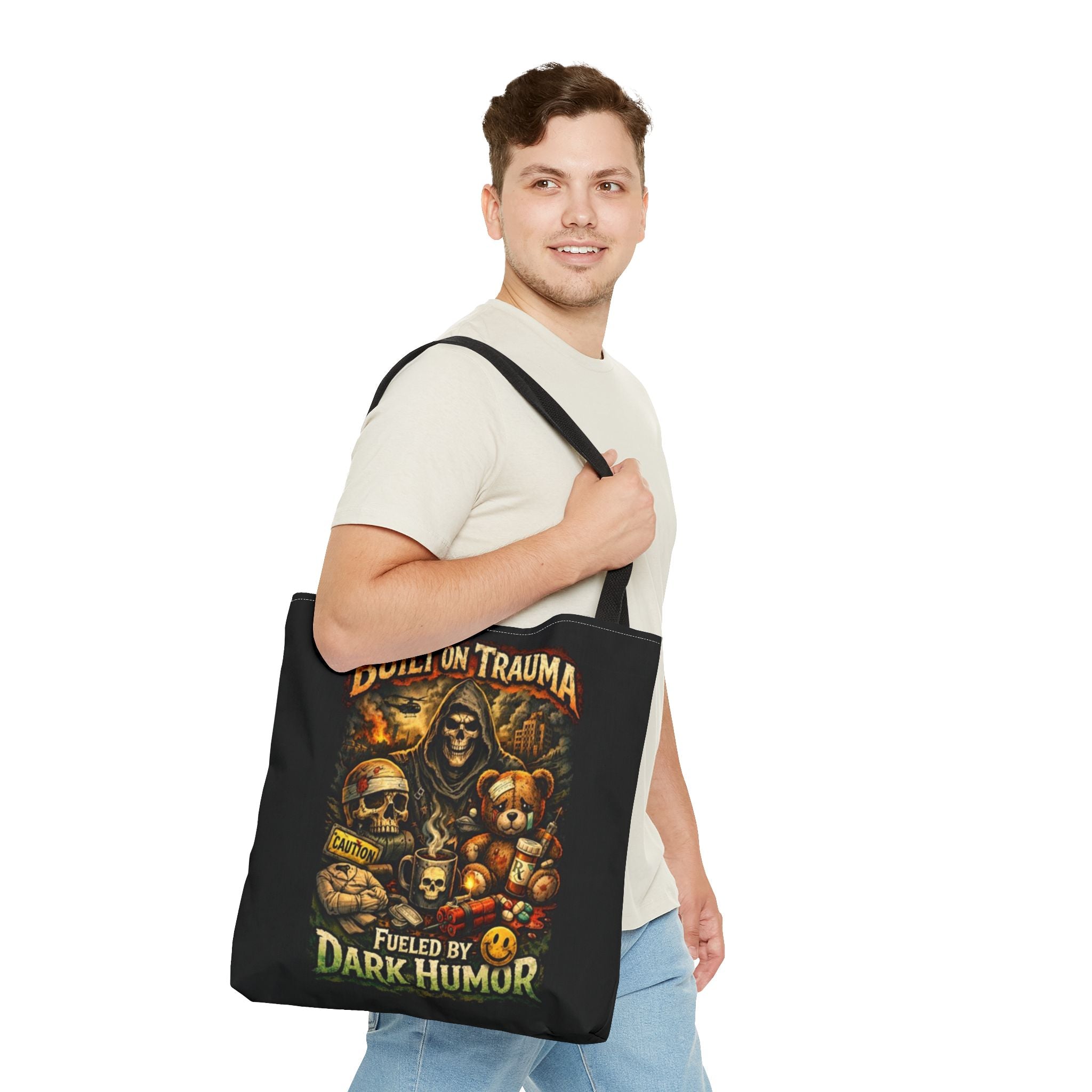 Built on Trauma Tote Bag — Fueled by Dark Humor Graphic Tote
