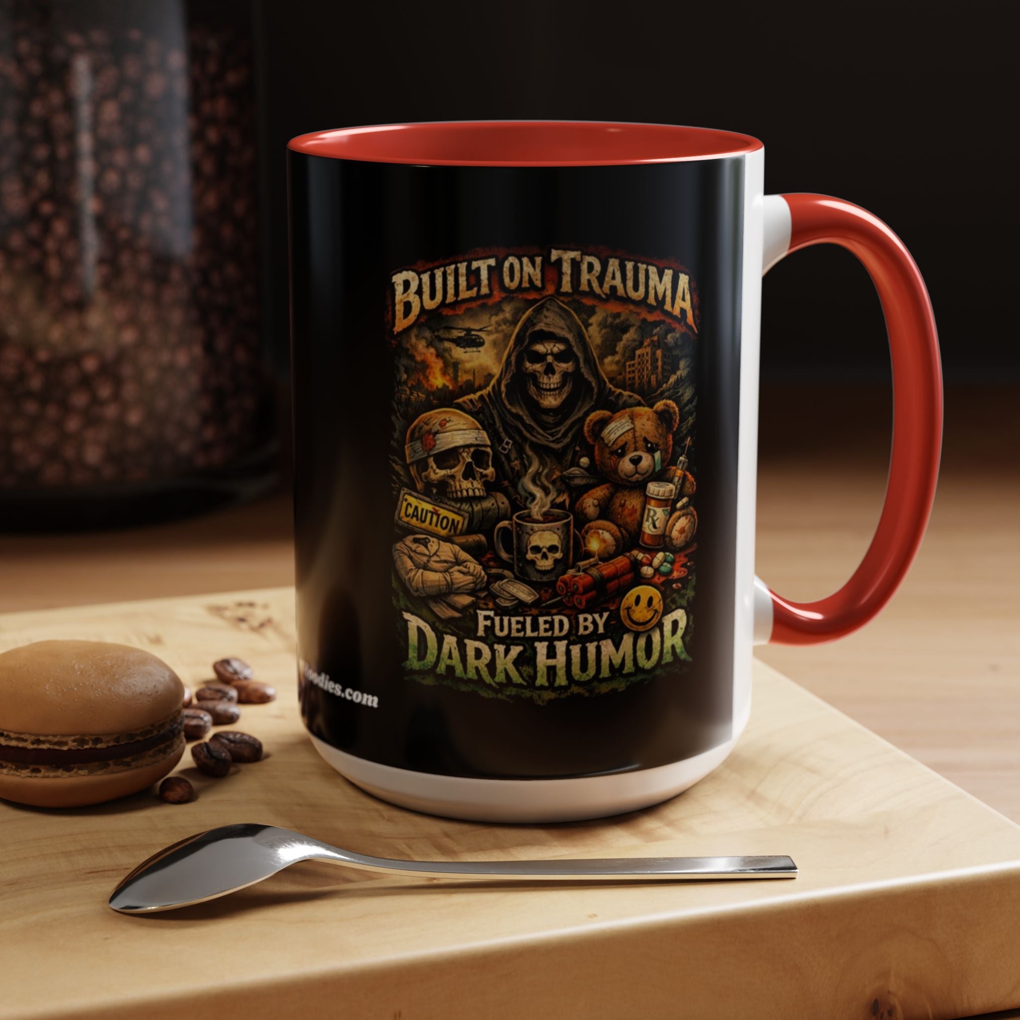 Coffee Mug — "Built on Trauma, Fueled by Dark Humor" Gothic Skull Accent Mug