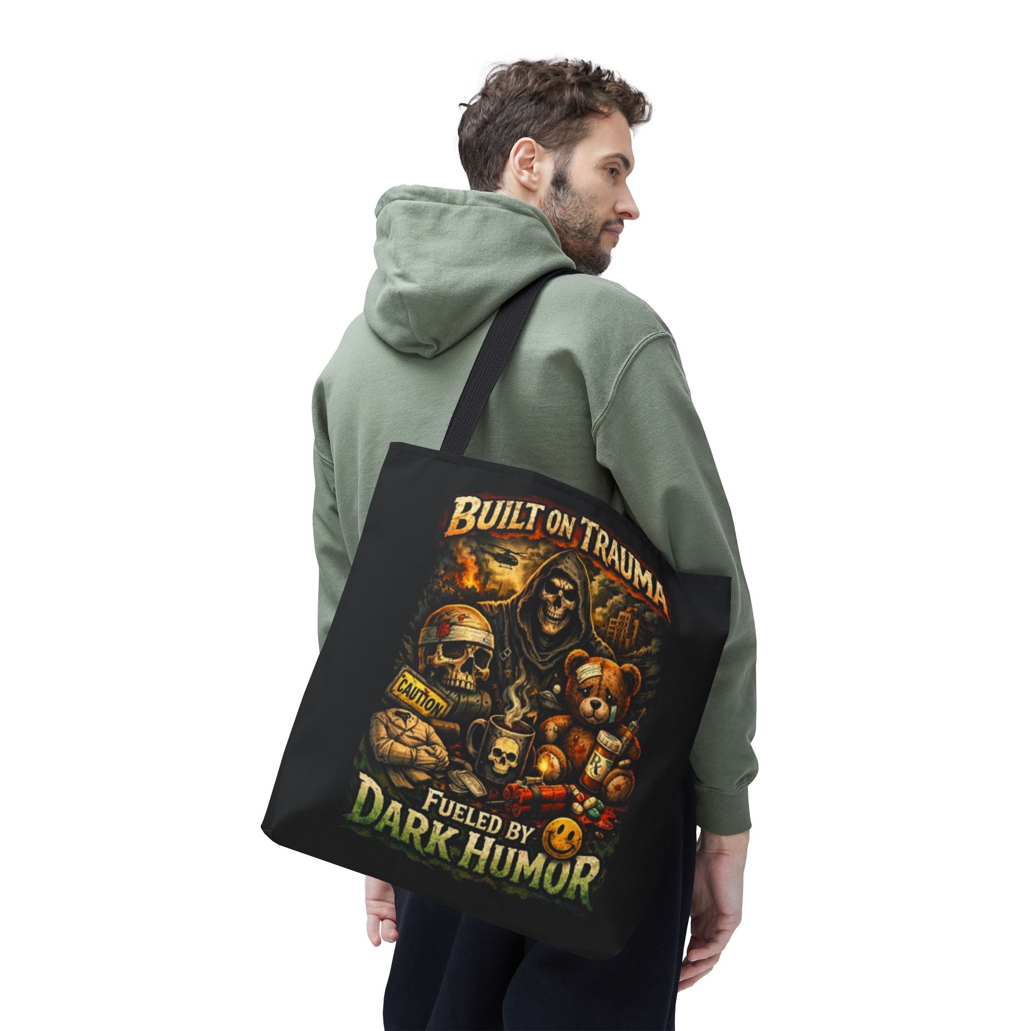 Built on Trauma Tote Bag — Fueled by Dark Humor Graphic Tote