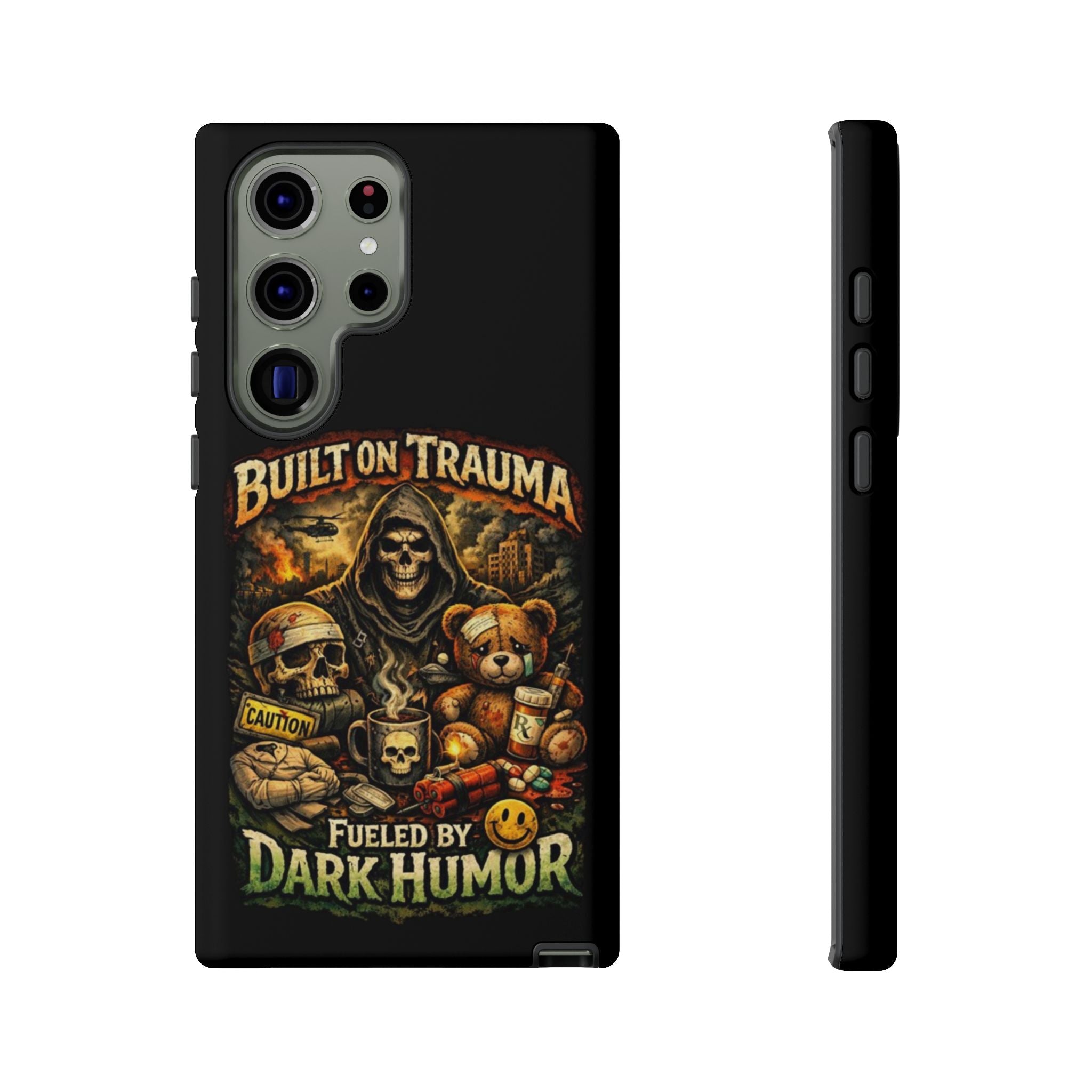 Phone Case — "Built on Trauma Fueled by Dark Humor" Grim Reaper Skull Teddy Design