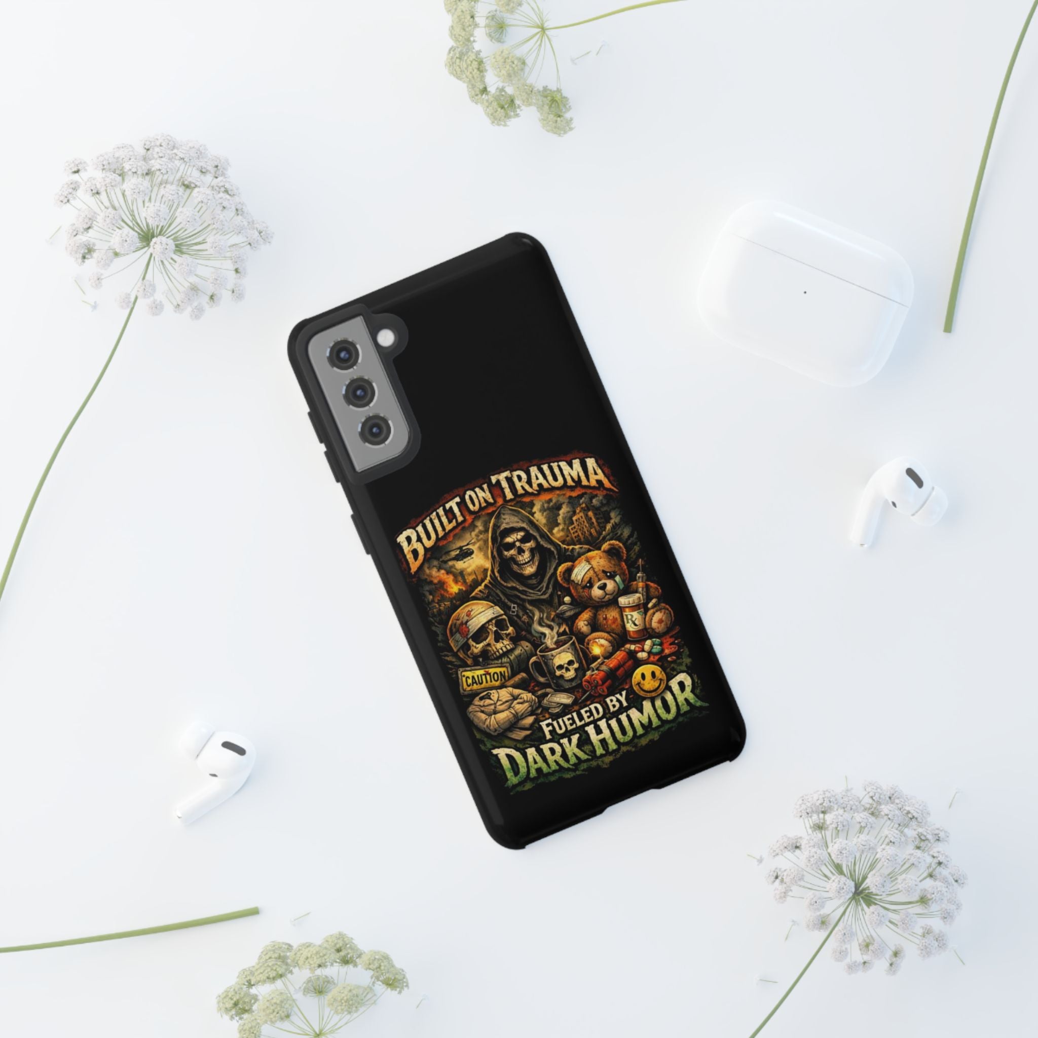 Phone Case — "Built on Trauma Fueled by Dark Humor" Grim Reaper Skull Teddy Design