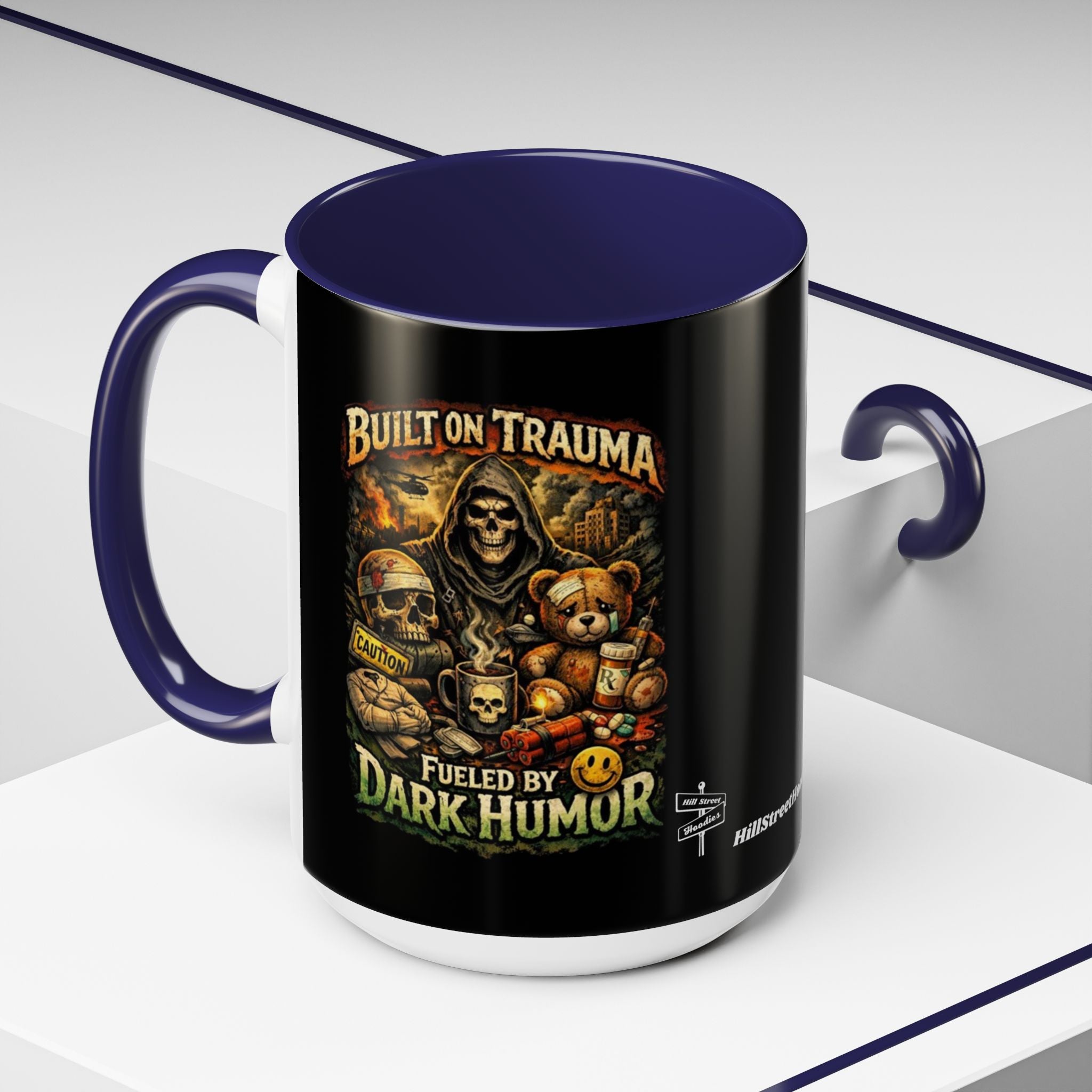 Coffee Mug — "Built on Trauma, Fueled by Dark Humor" Gothic Skull Accent Mug
