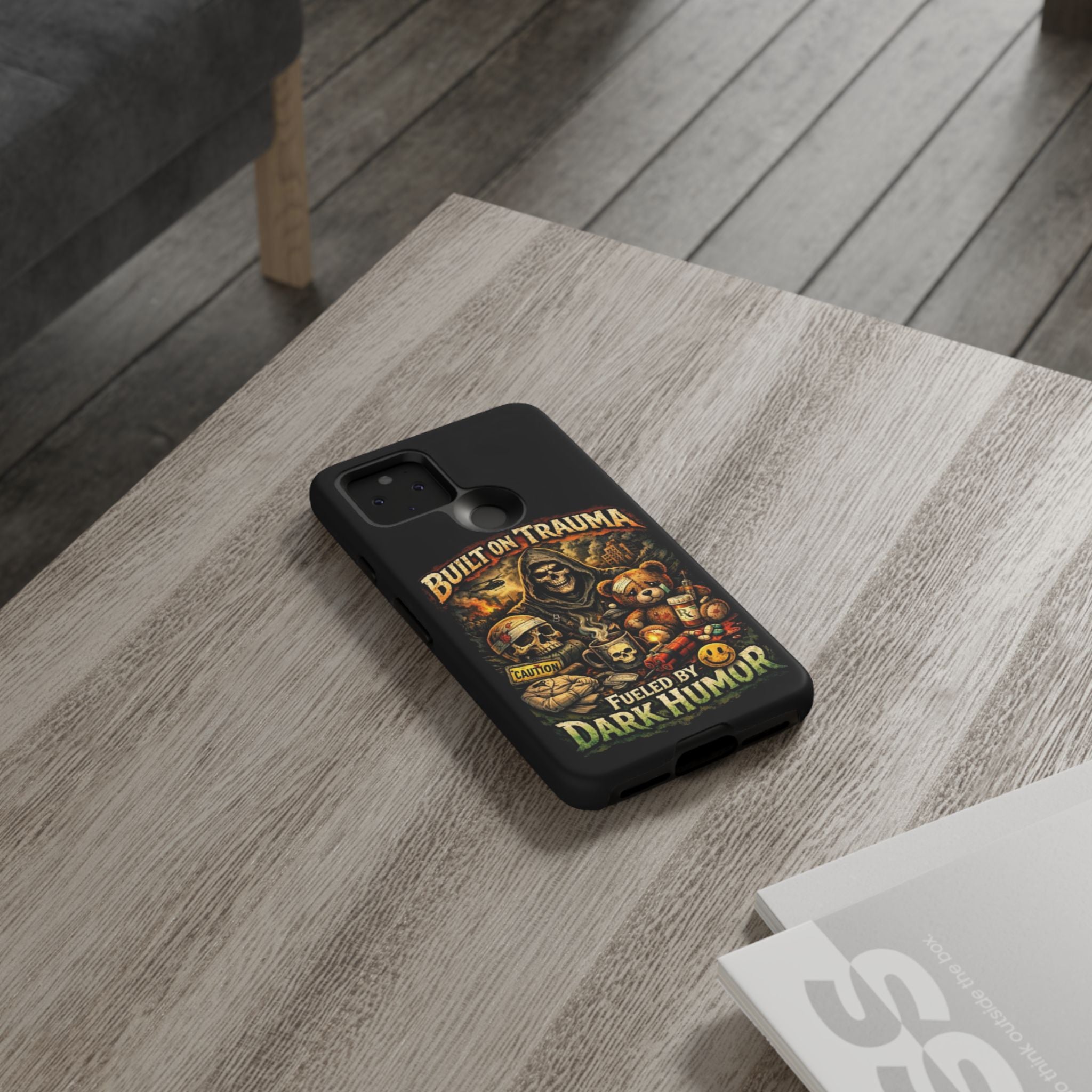 Phone Case — "Built on Trauma Fueled by Dark Humor" Grim Reaper Skull Teddy Design