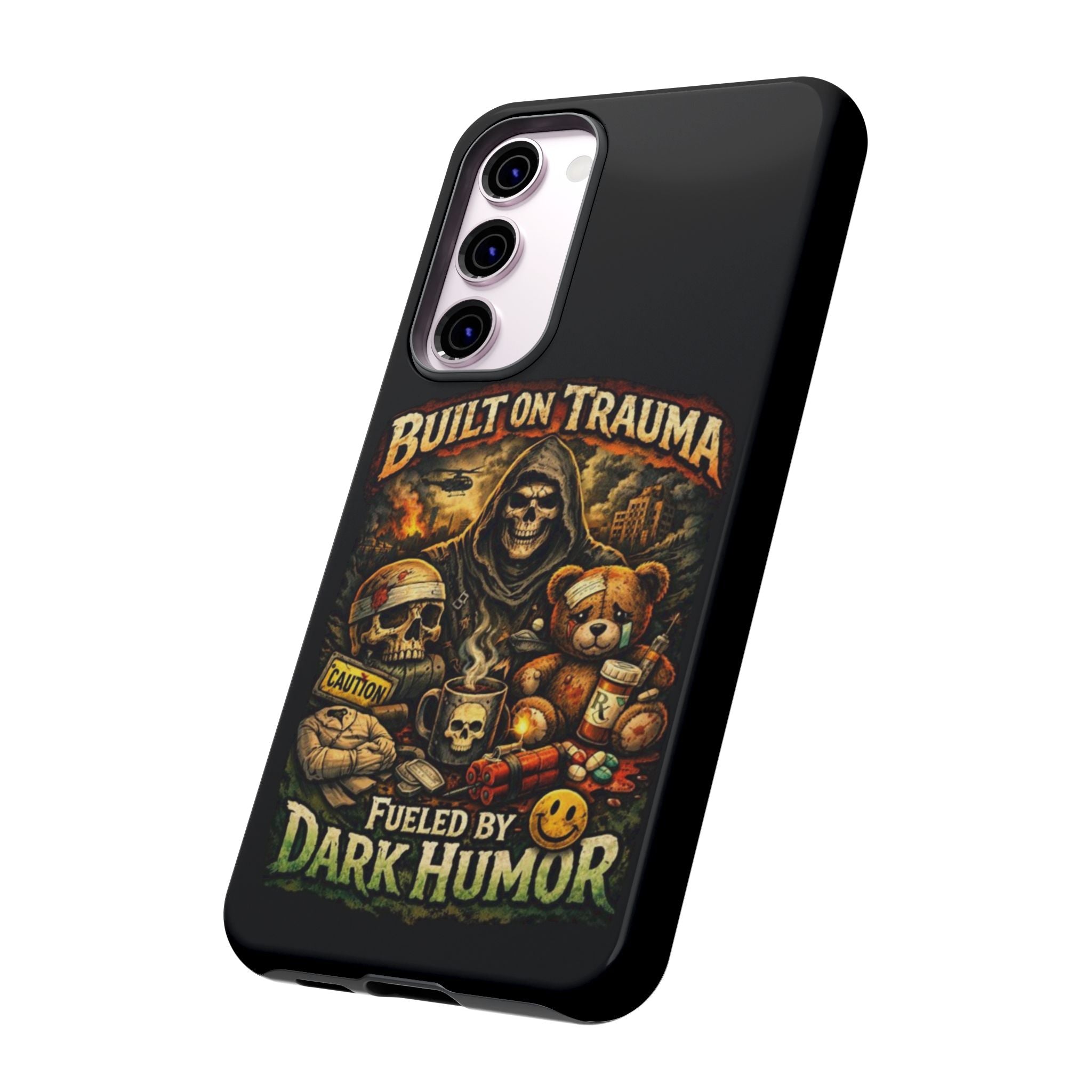 Phone Case — "Built on Trauma Fueled by Dark Humor" Grim Reaper Skull Teddy Design