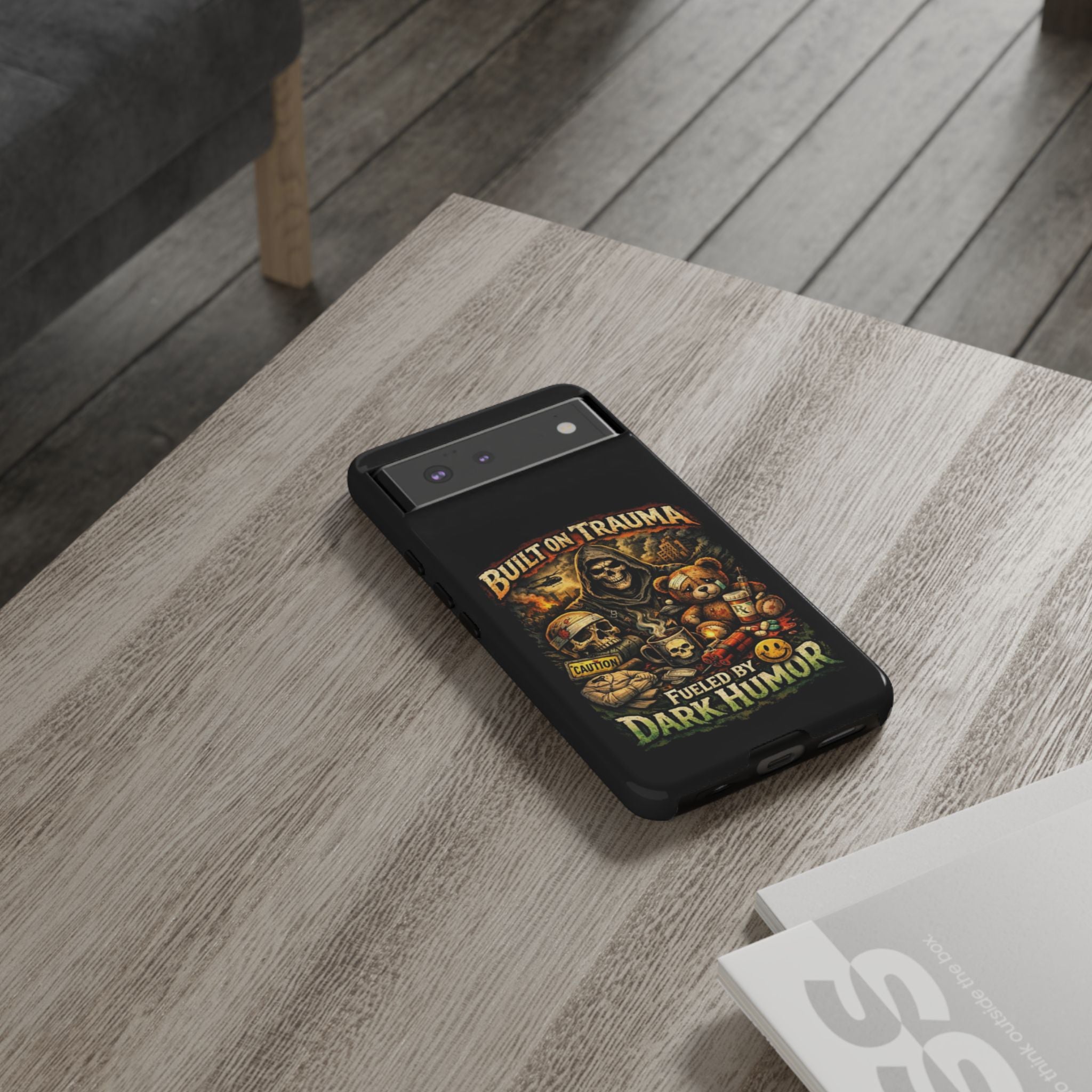 Phone Case — "Built on Trauma Fueled by Dark Humor" Grim Reaper Skull Teddy Design